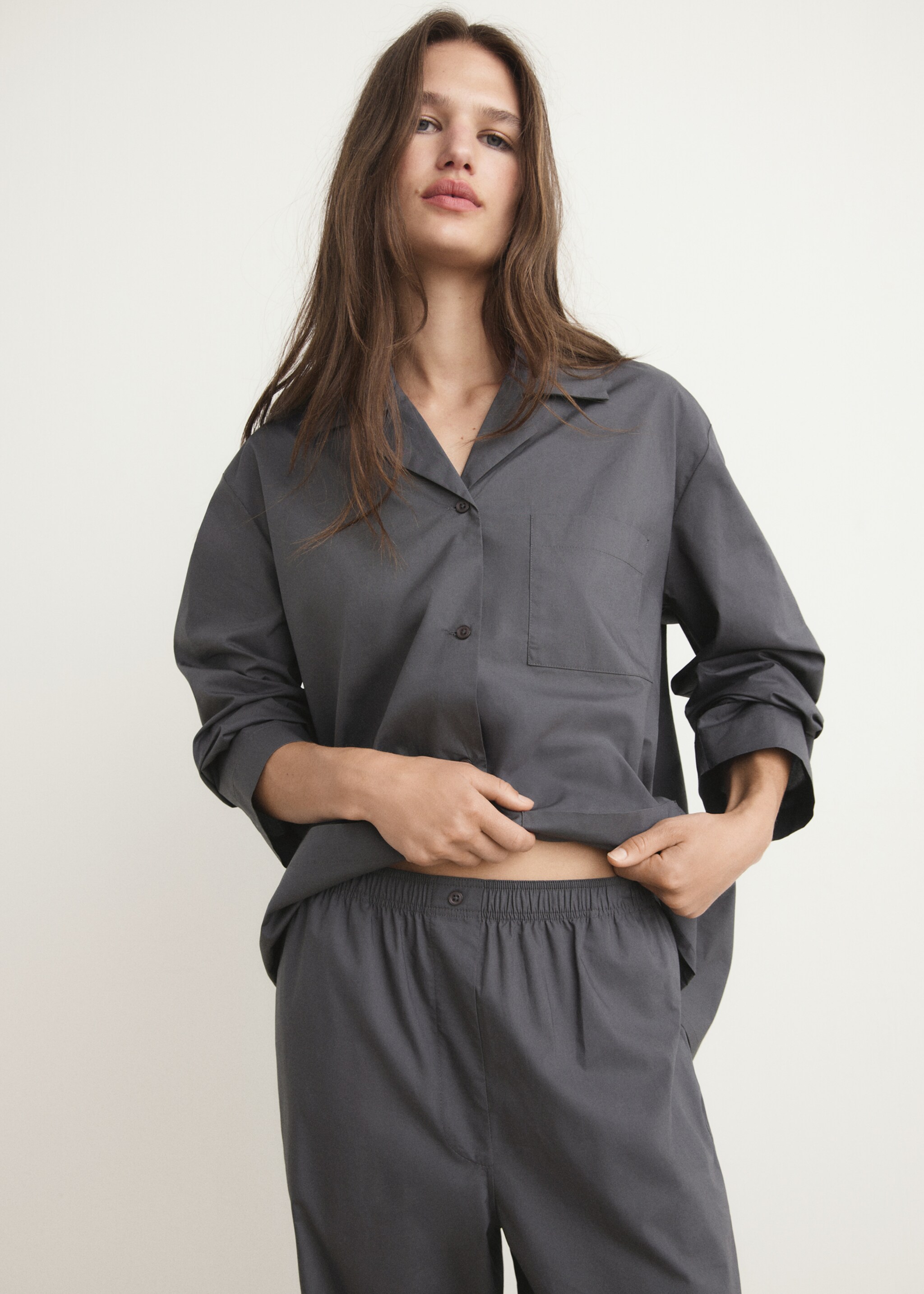 Poplin pyjama bottoms - Details of the article 1, Charcoal. Ref: 17084117-00.