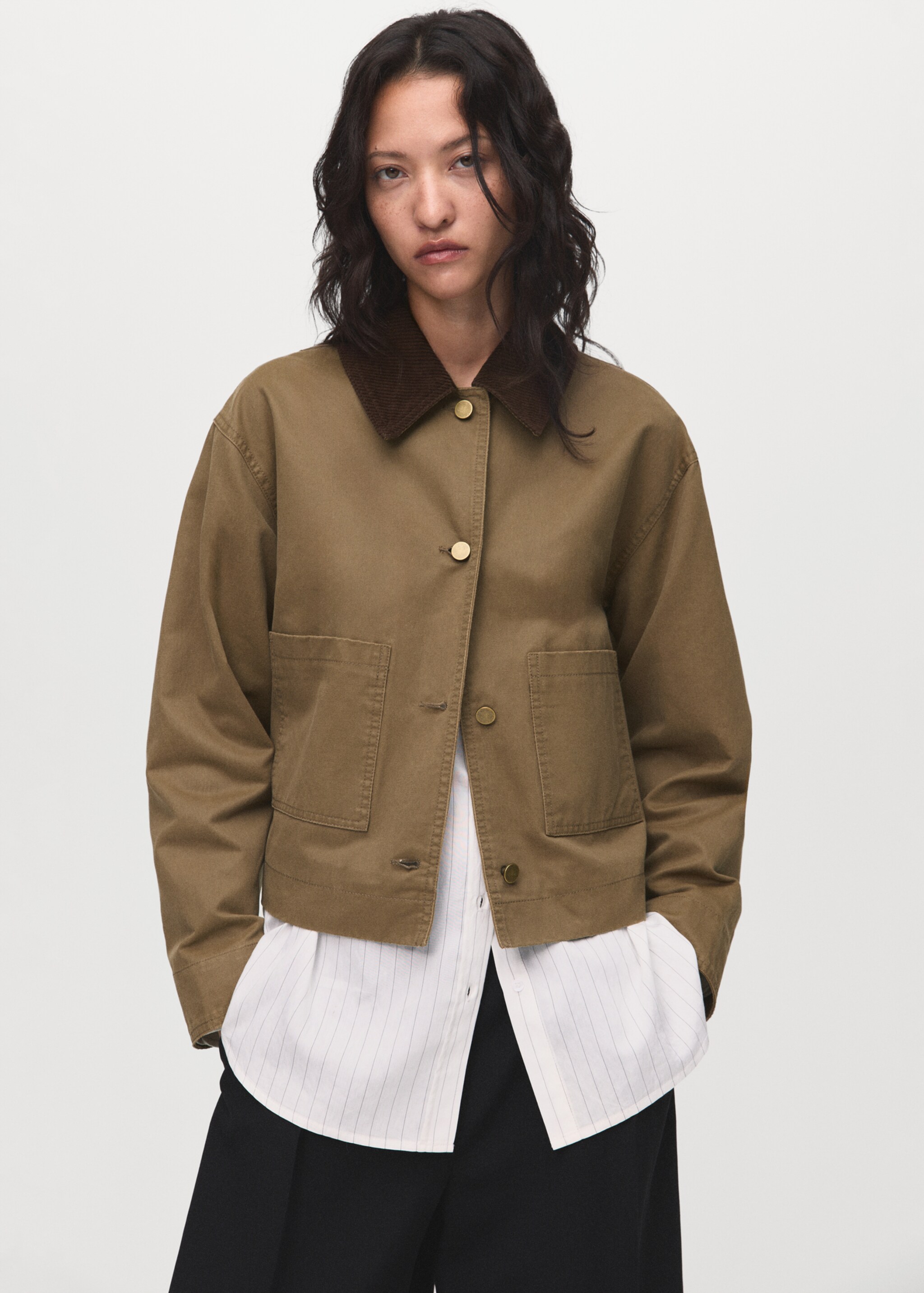 Corduroy collar denim jacket - Medium plane, Ochre. Ref: 17084120-00.