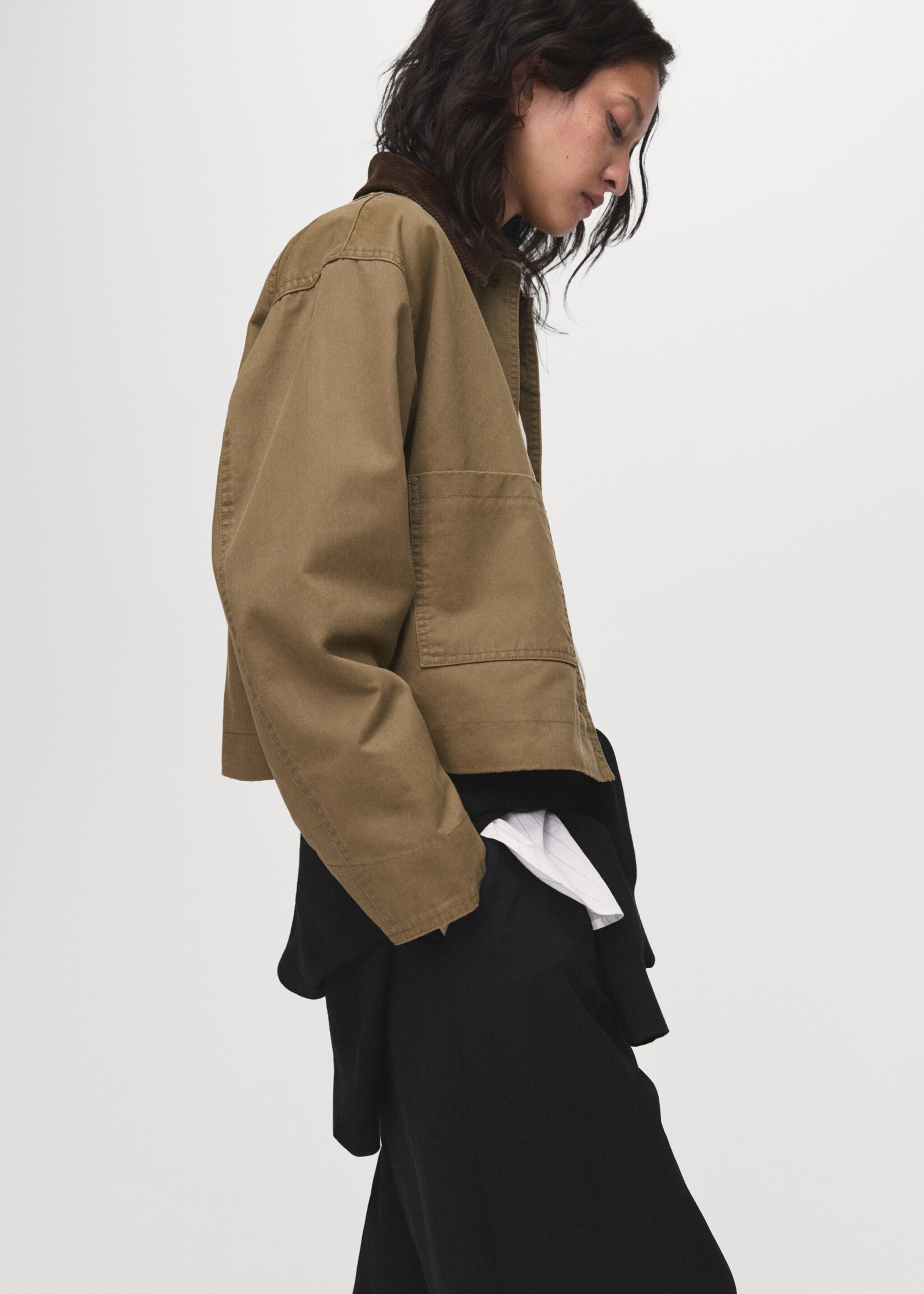 Corduroy collar denim jacket - Details of the article 2, Ochre. Ref: 17084120-00.