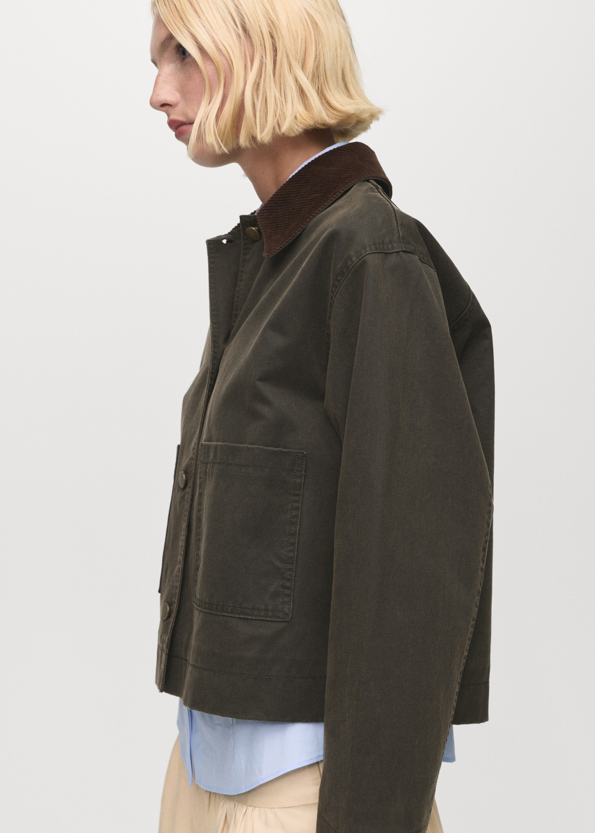 Corduroy collar denim jacket - Medium plane, Khaki. Ref: 17084120-00.