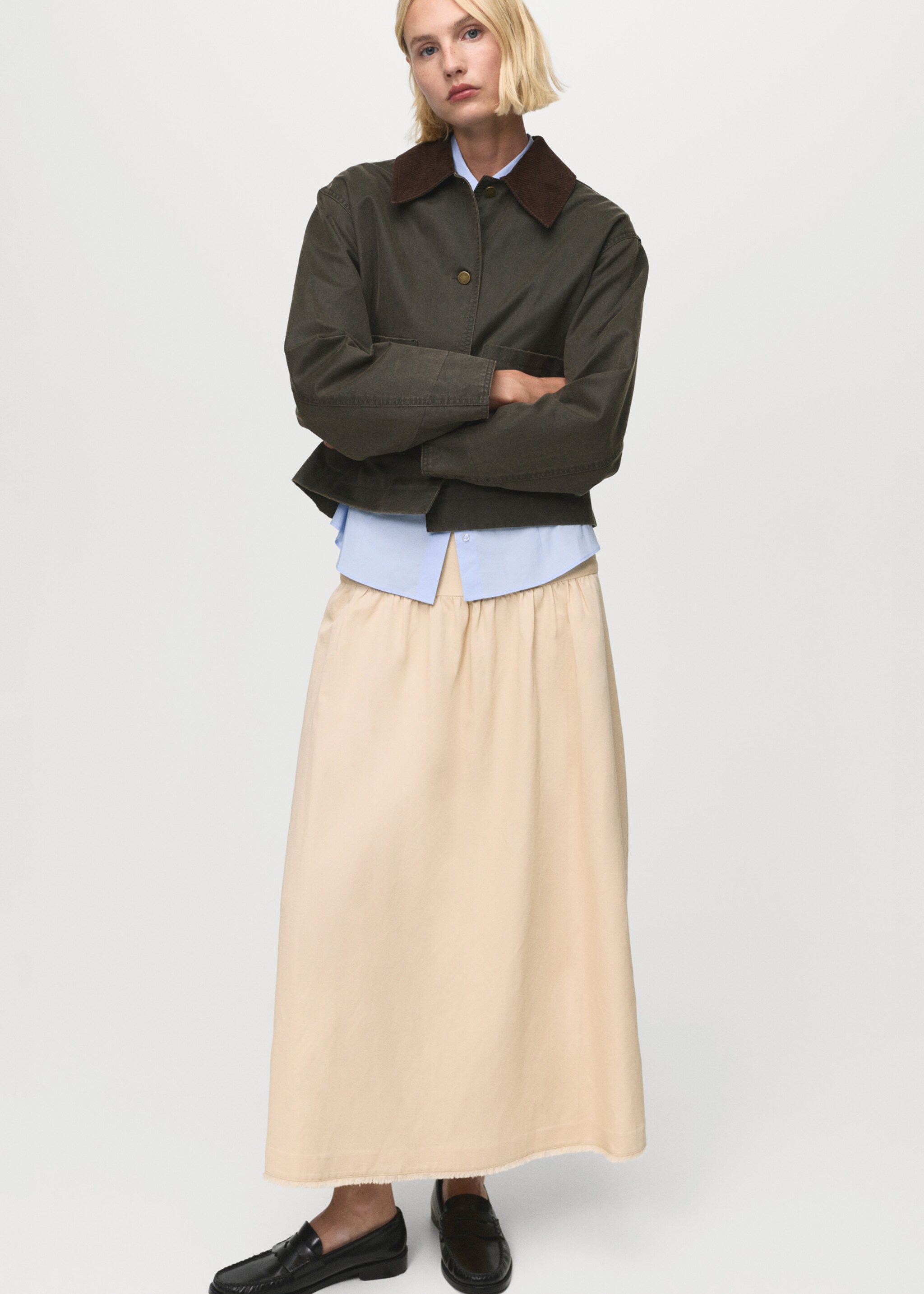 Corduroy collar denim jacket - Details of the article 2, Khaki. Ref: 17084120-00.