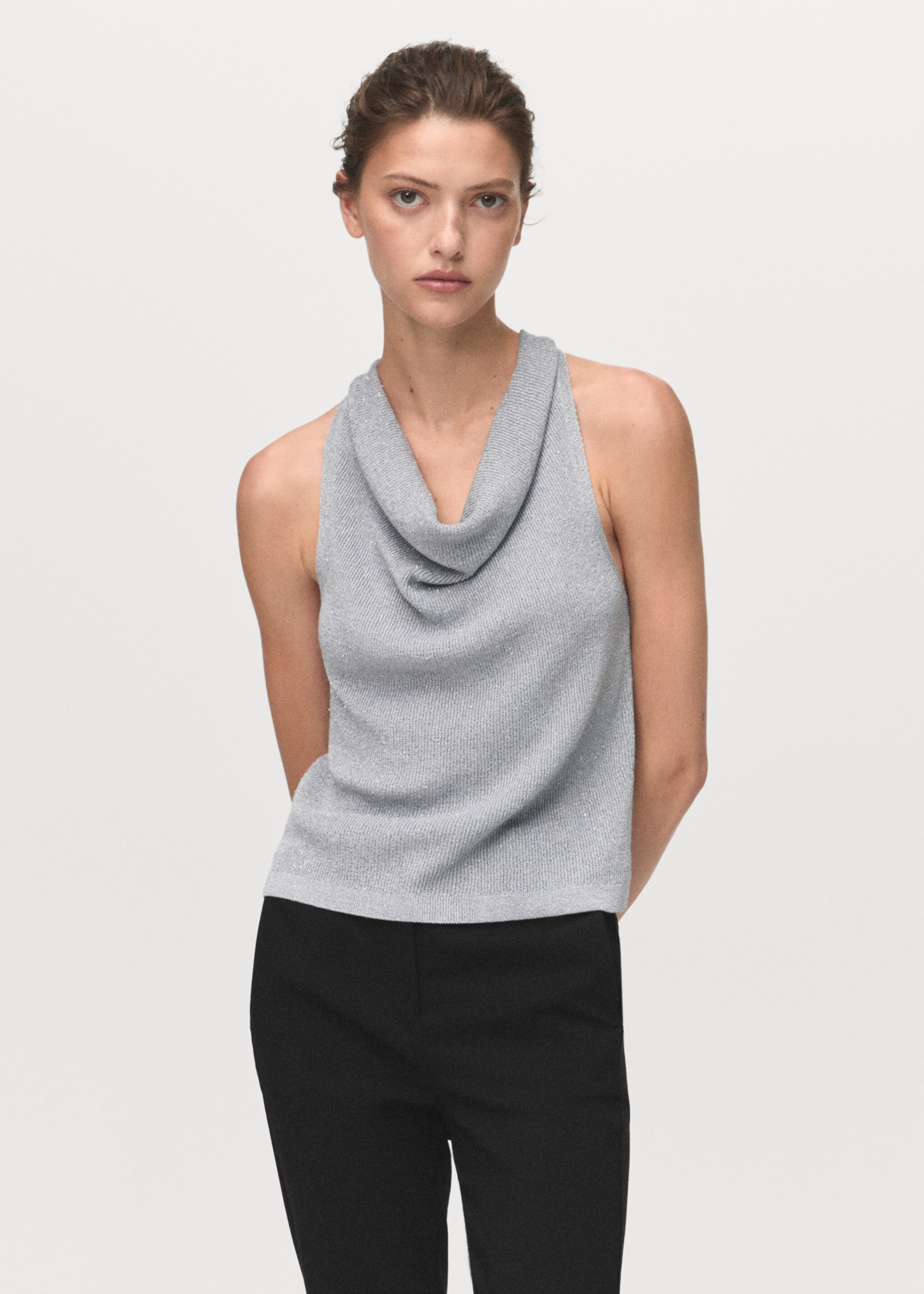 Lurex knitted top with draped neck - Medium plane, Silver. Ref: 17084139-00.