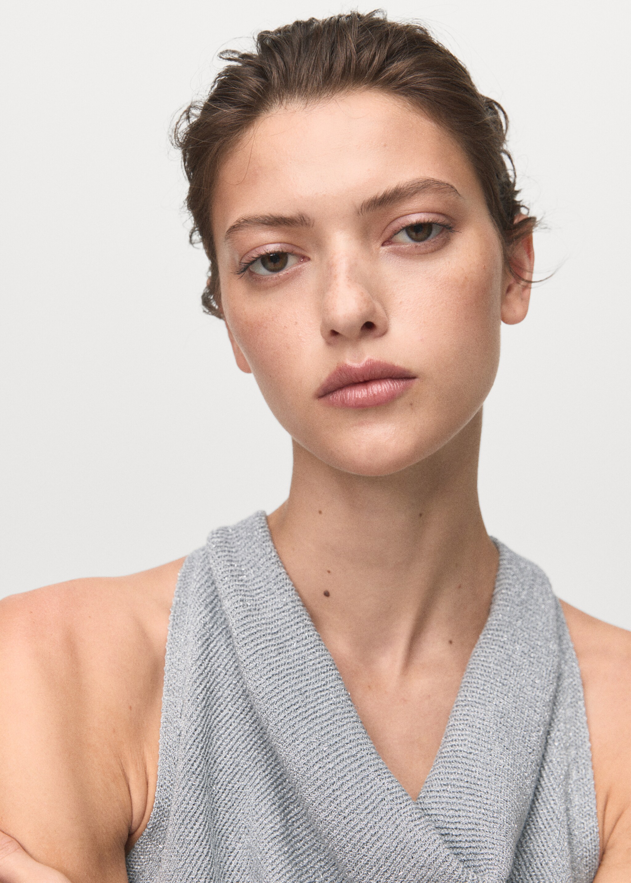 Lurex knitted top with draped neck - Details of the article 1, Silver. Ref: 17084139-00.