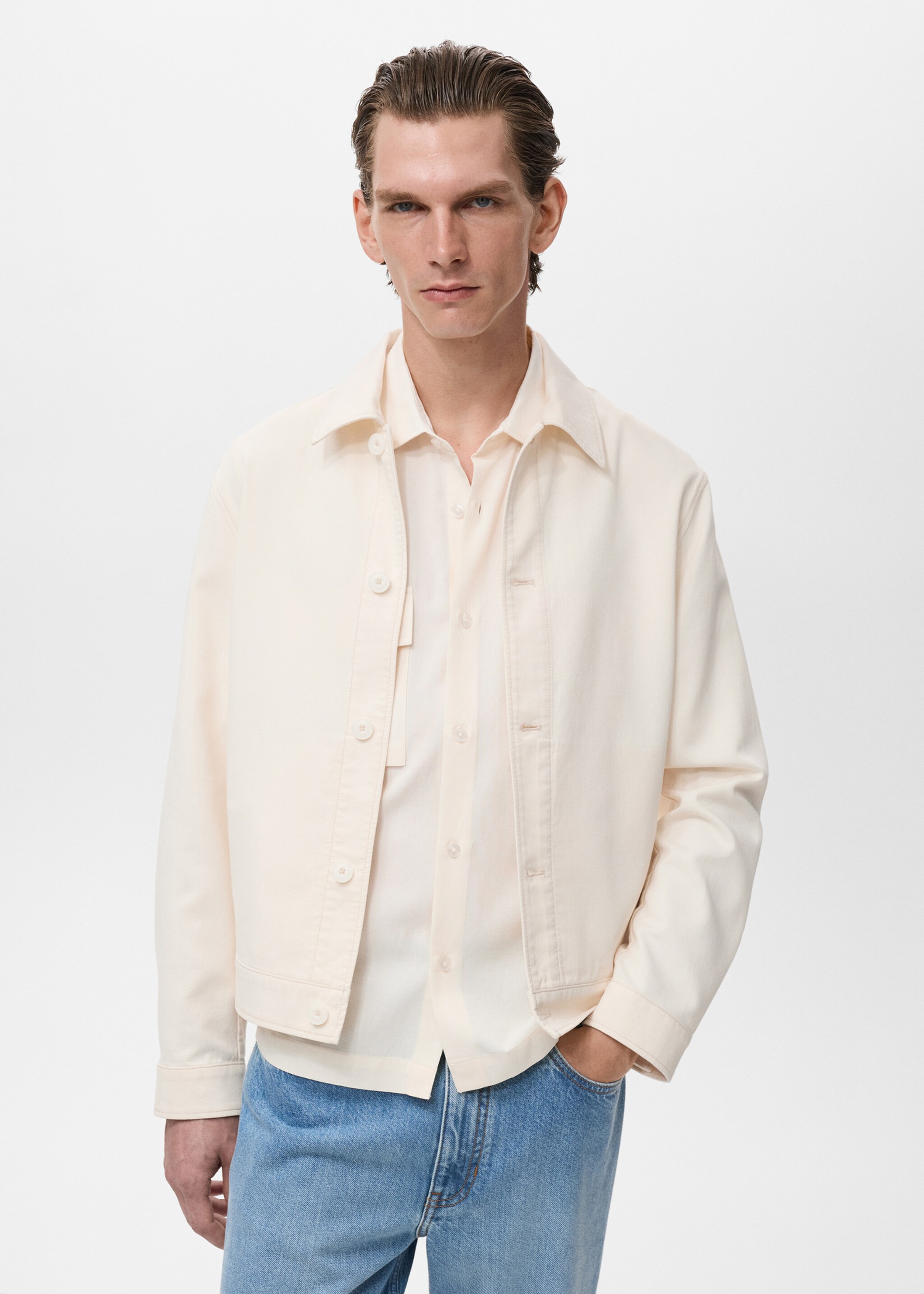 Straight cotton jacket with buttons - Medium plane, Ecru. Ref: 17084402-00.