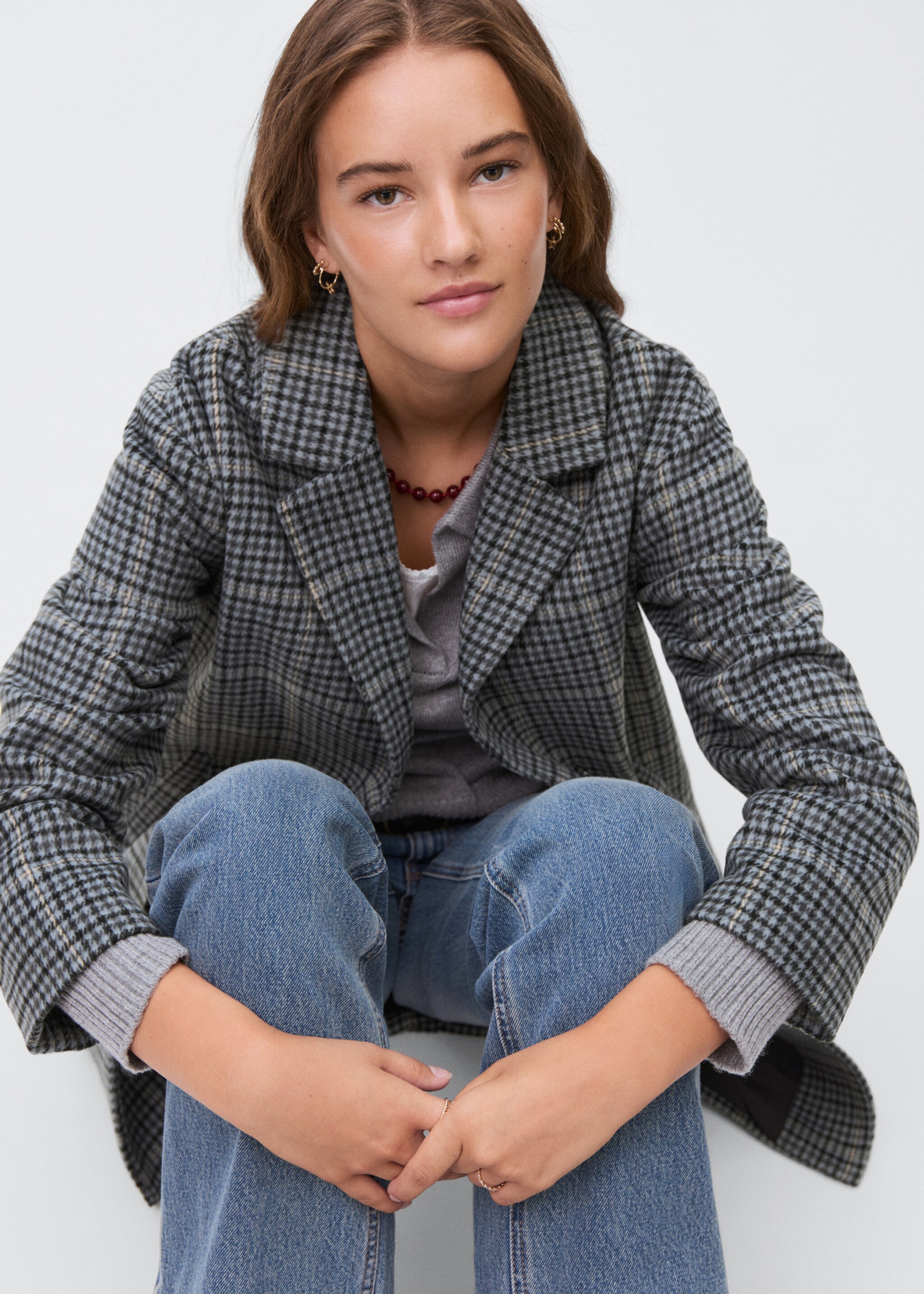 Checked overcoat - Details of the article 2, Sky Blue. Ref: 17084782-00.