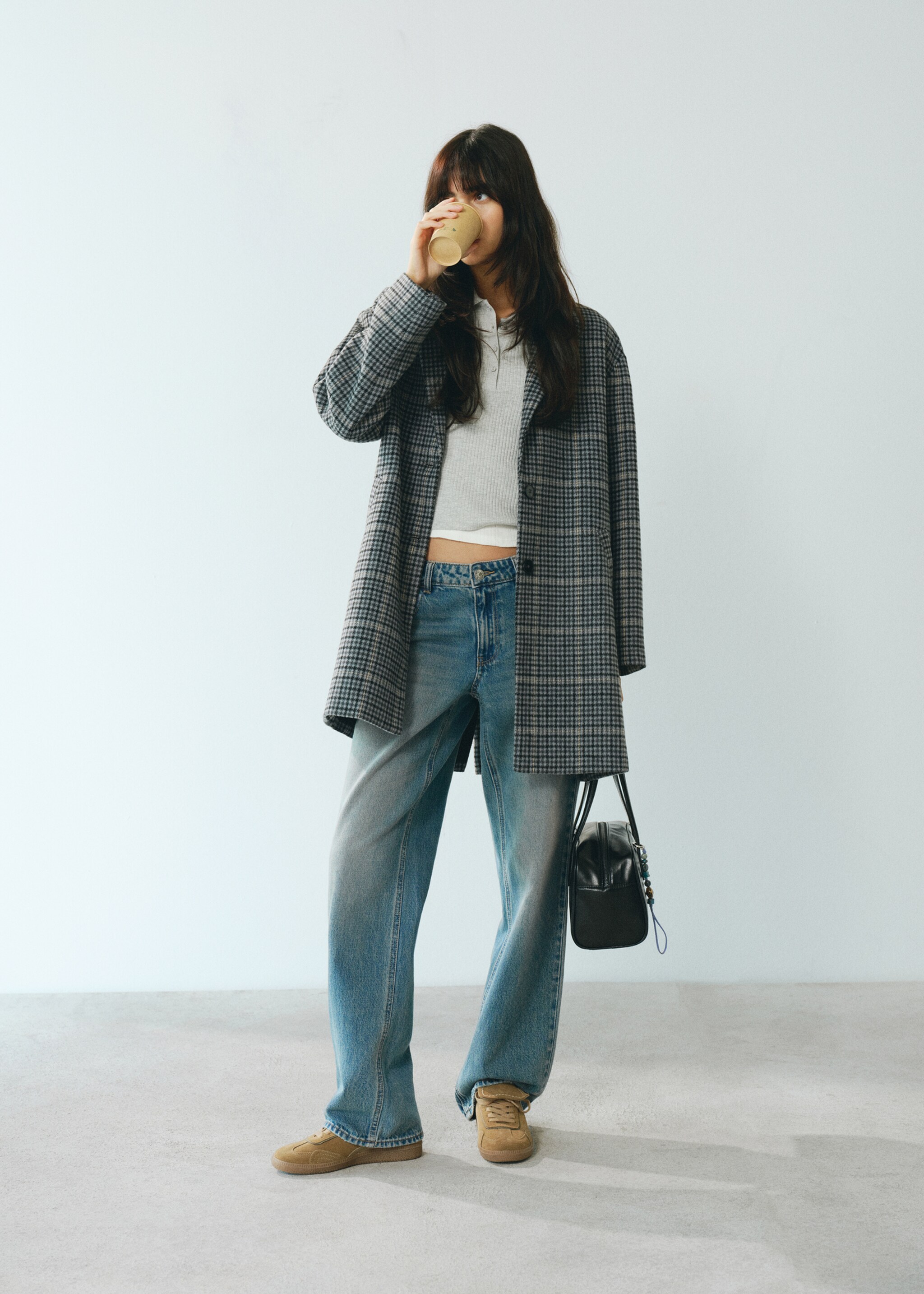 Checked overcoat - Details of the article 5, Sky Blue. Ref: 17084782-00.