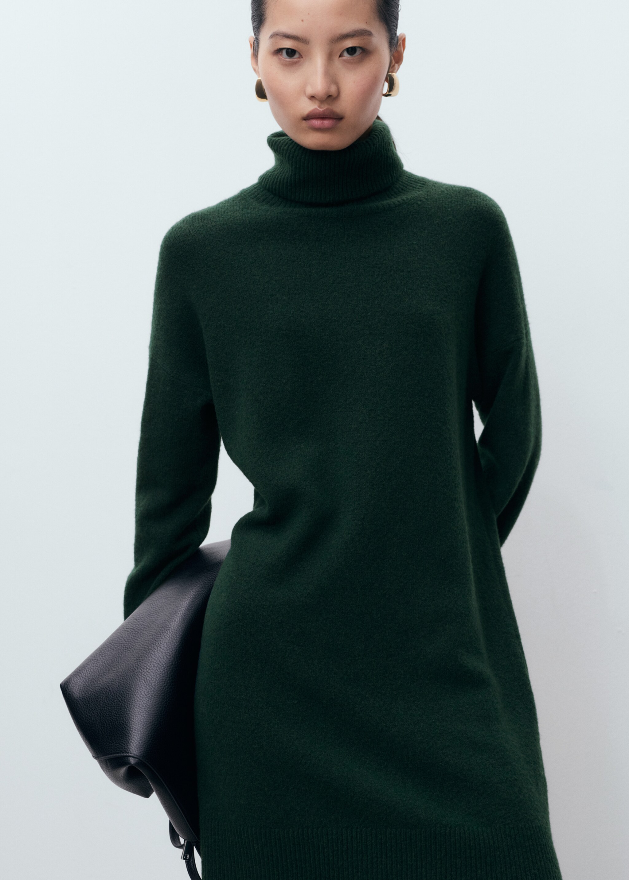 Robe courte maille col montant - Plan moyen, Vert foncé. Ref: 17085148-00.