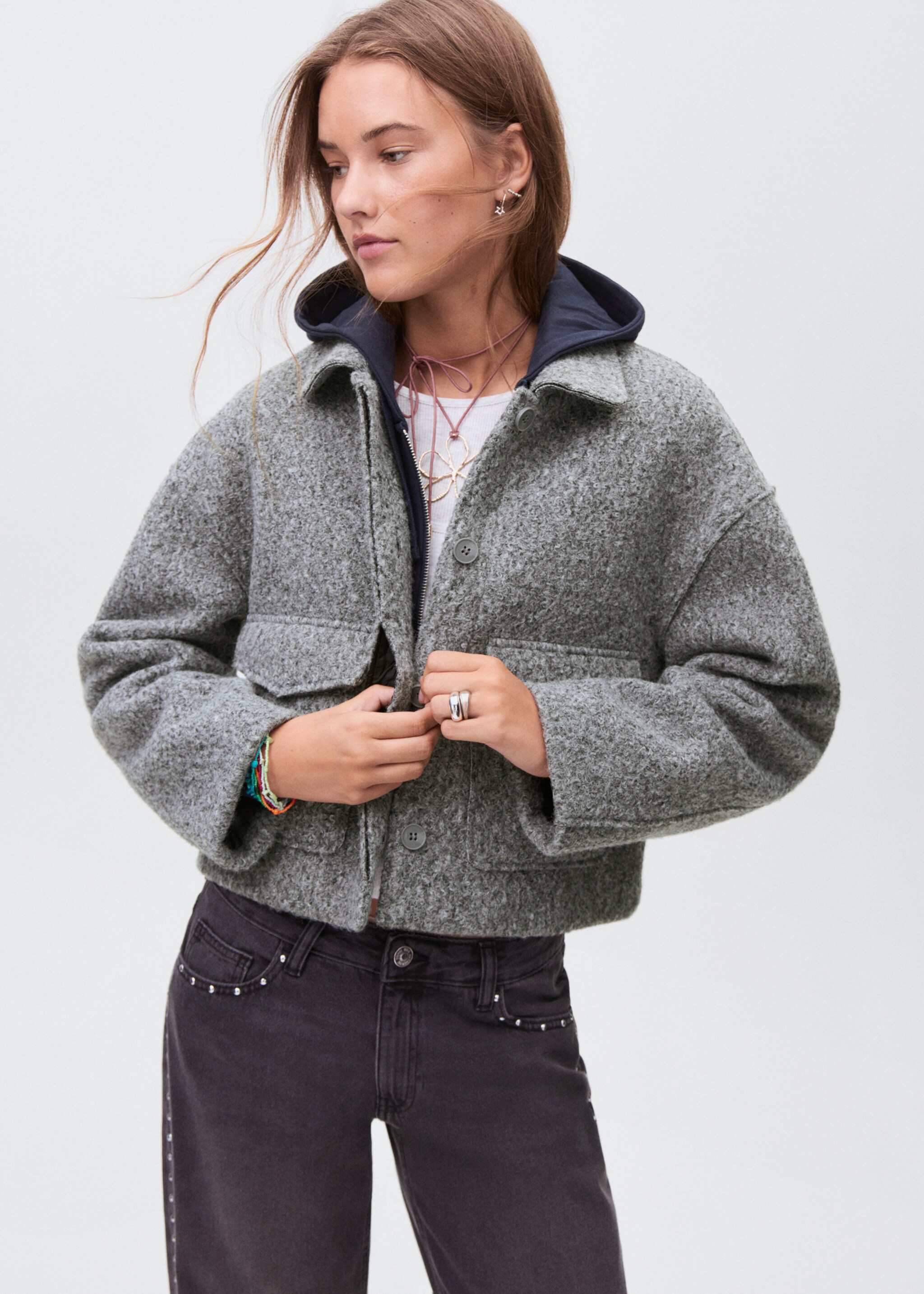 Wool jacket with lapel pockets - Medium plane, Grey. Ref: 17085783-00.