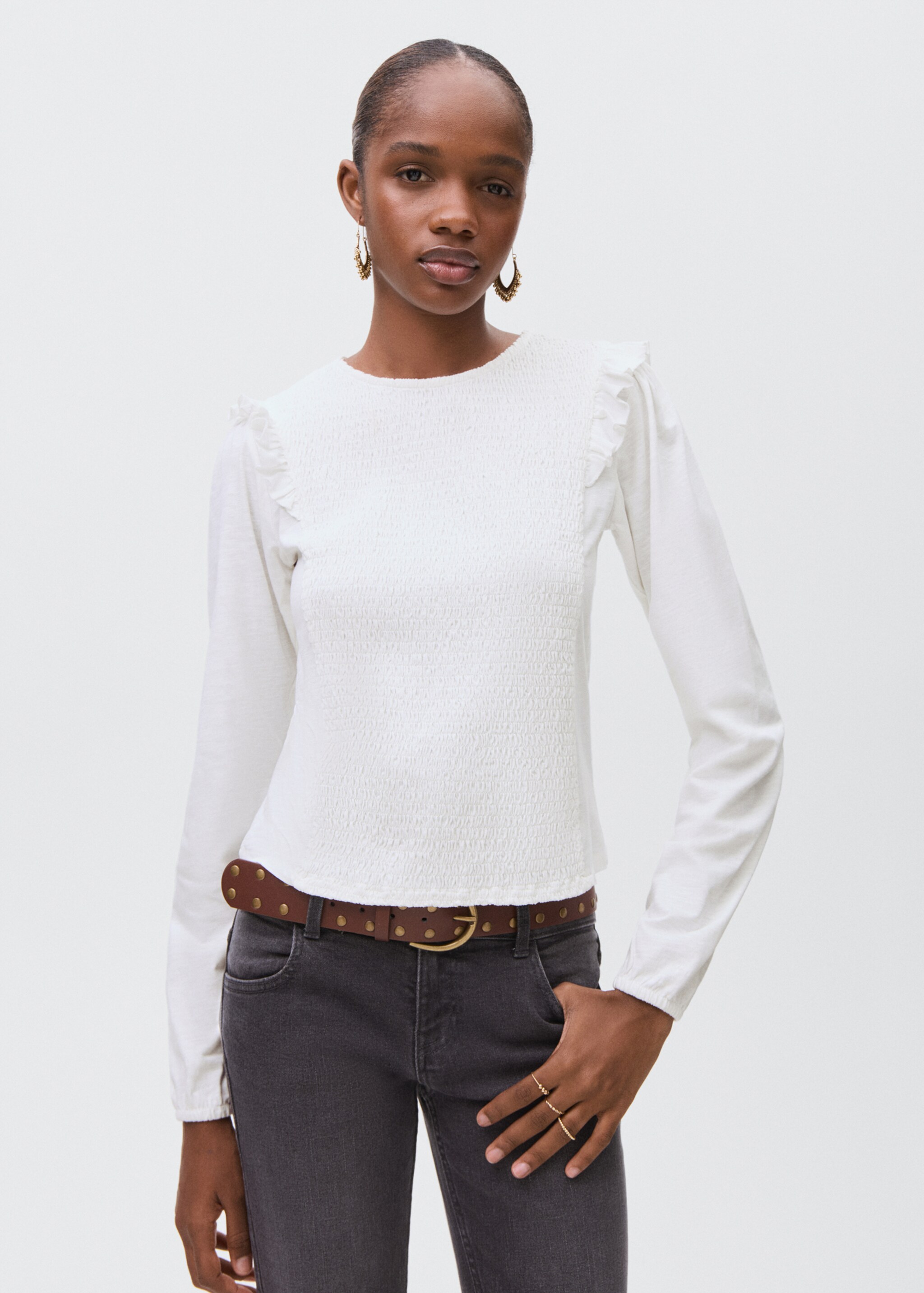 Camiseta fruncida volantes - Plano medio, Blanco roto. Ref: 17085796-00.