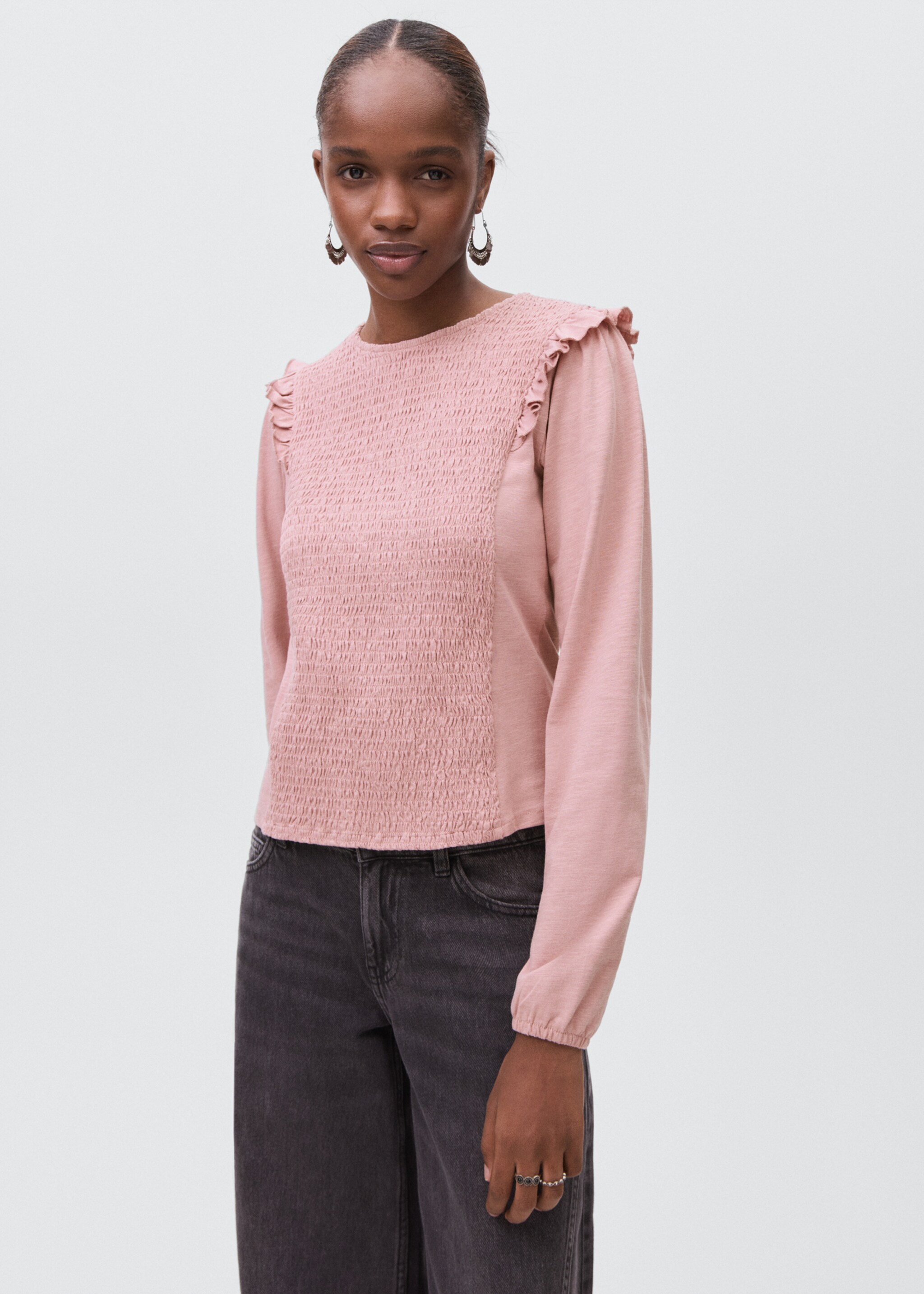 Camiseta fruncida volantes - Plano medio, Rosa palo. Ref: 17085796-00.
