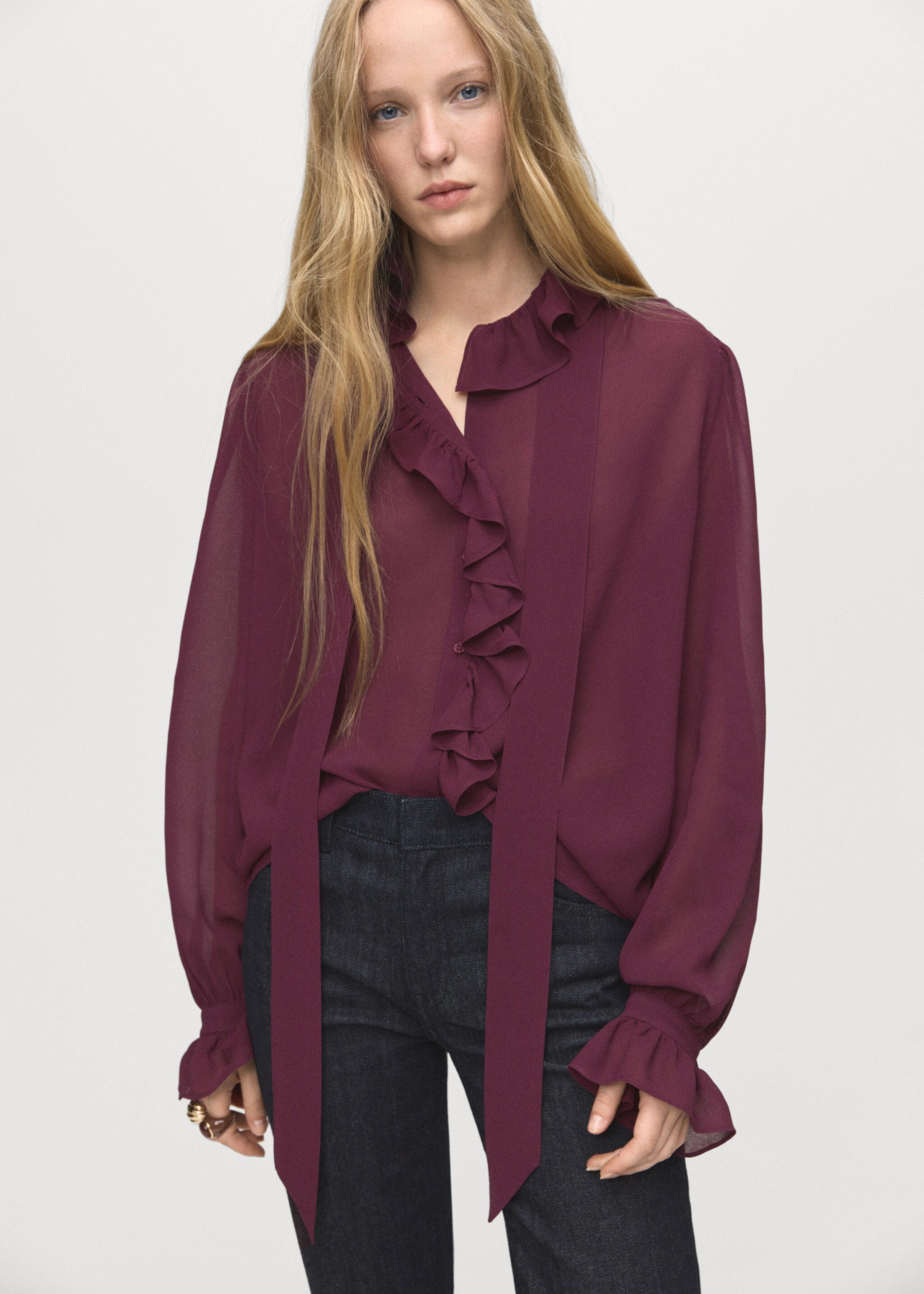 Ruffled blouse with scarf - Medium plane, Burgundy. Ref: 17085826-00.