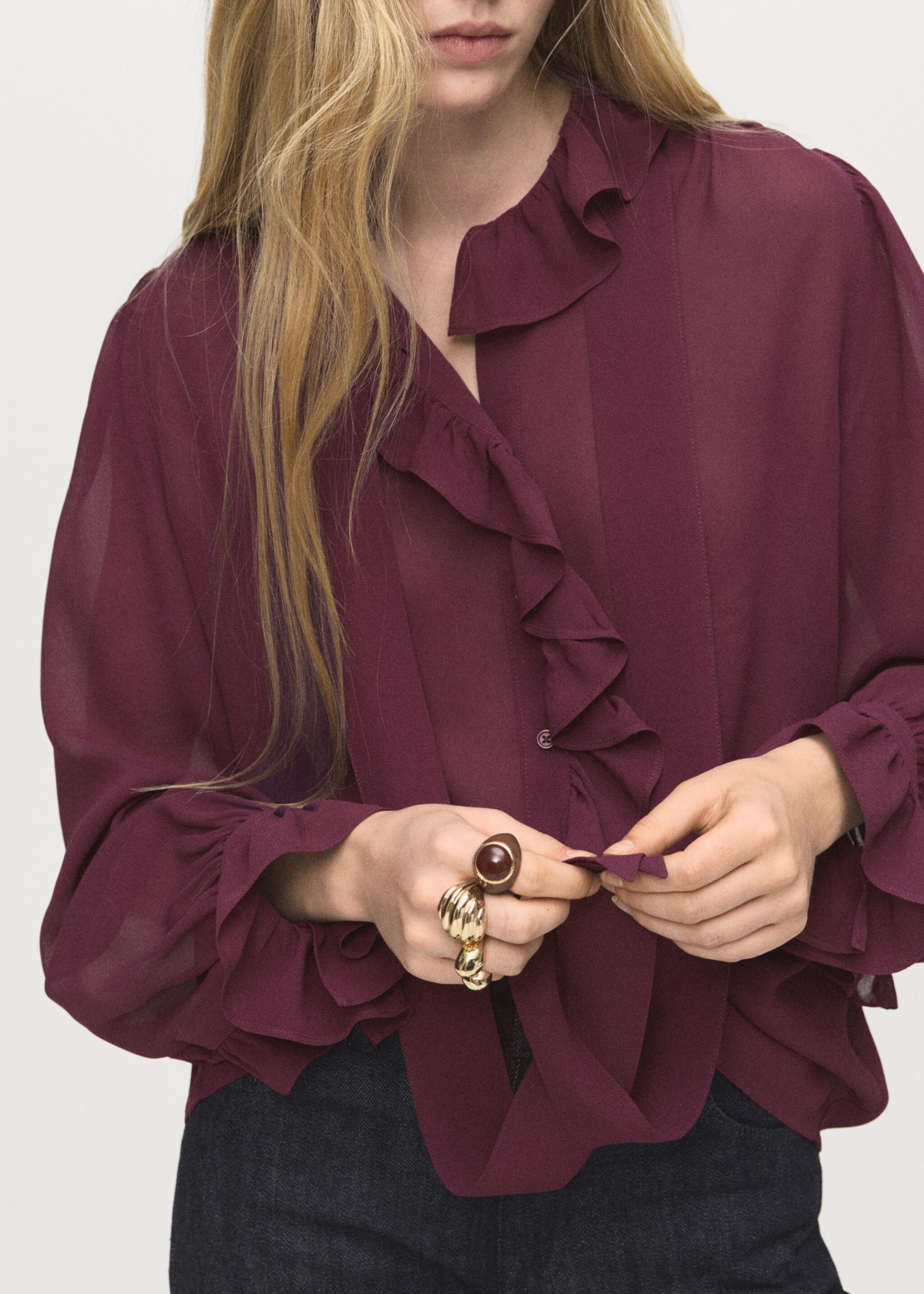 Ruffled blouse with scarf - Details of the article 6, Burgundy. Ref: 17085826-00.