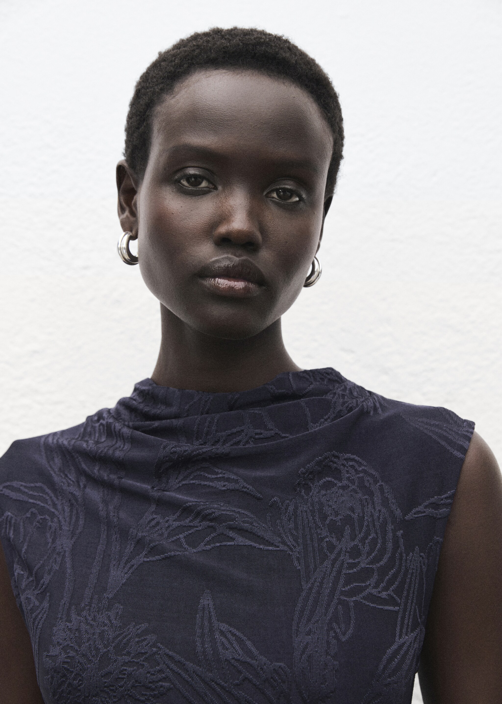 Embroidered dress with draped collar - Details of the article 1, Navy. Ref: 17085827-00.