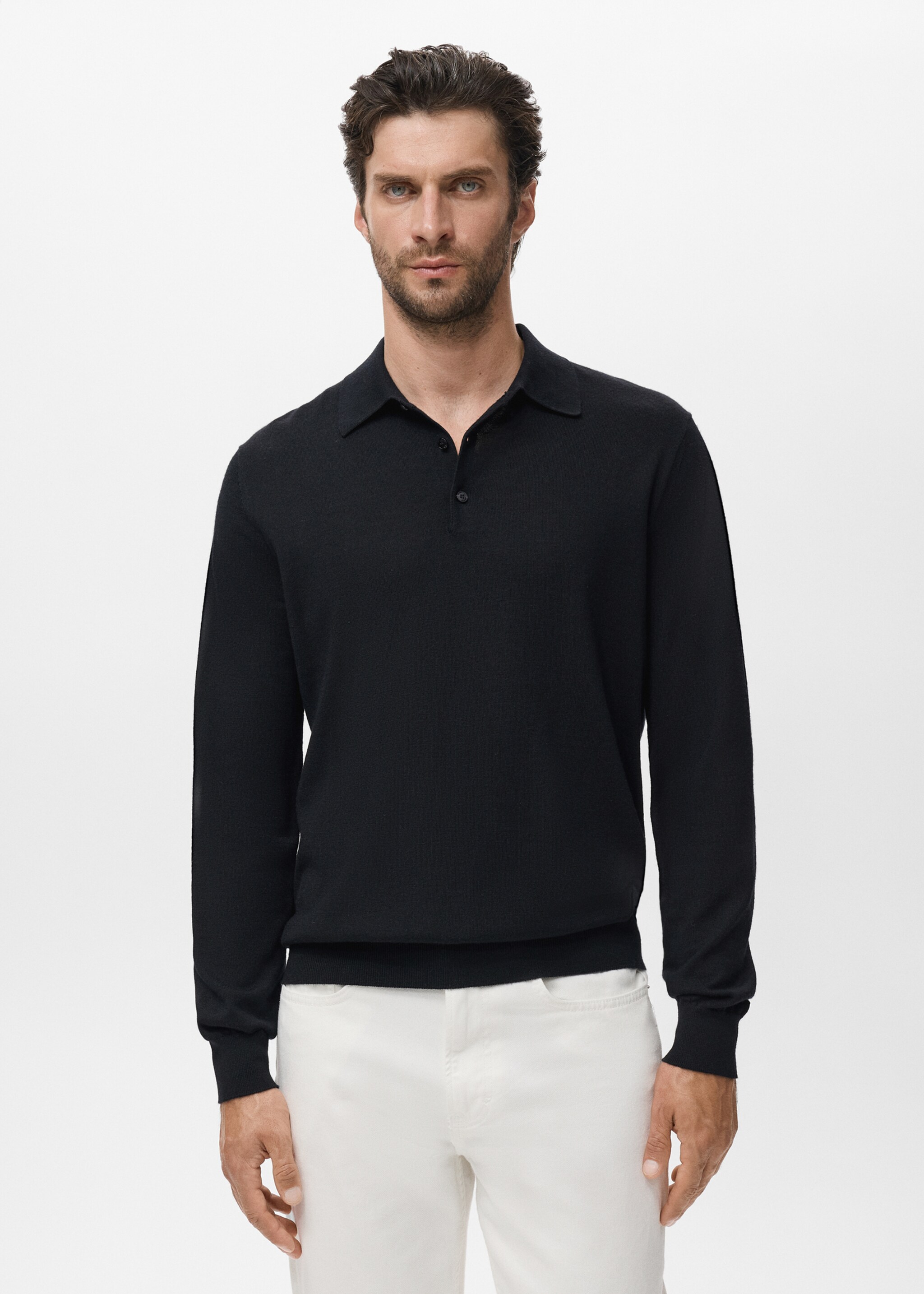 100% wool knitted polo sweater - Medium plane, Black. Ref: 17085970-00.