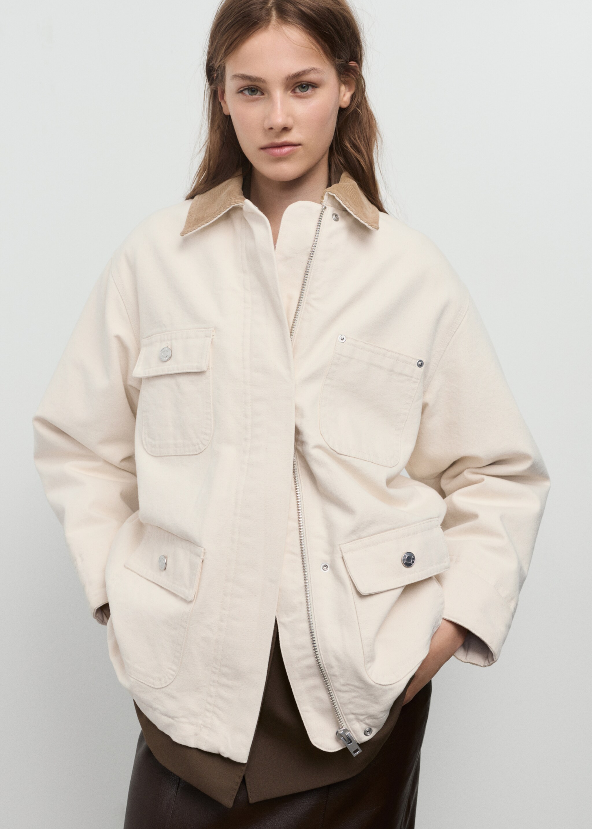 Denim parka with corduroy collar - Medium plane, Ecru. Ref: 17085975-00.