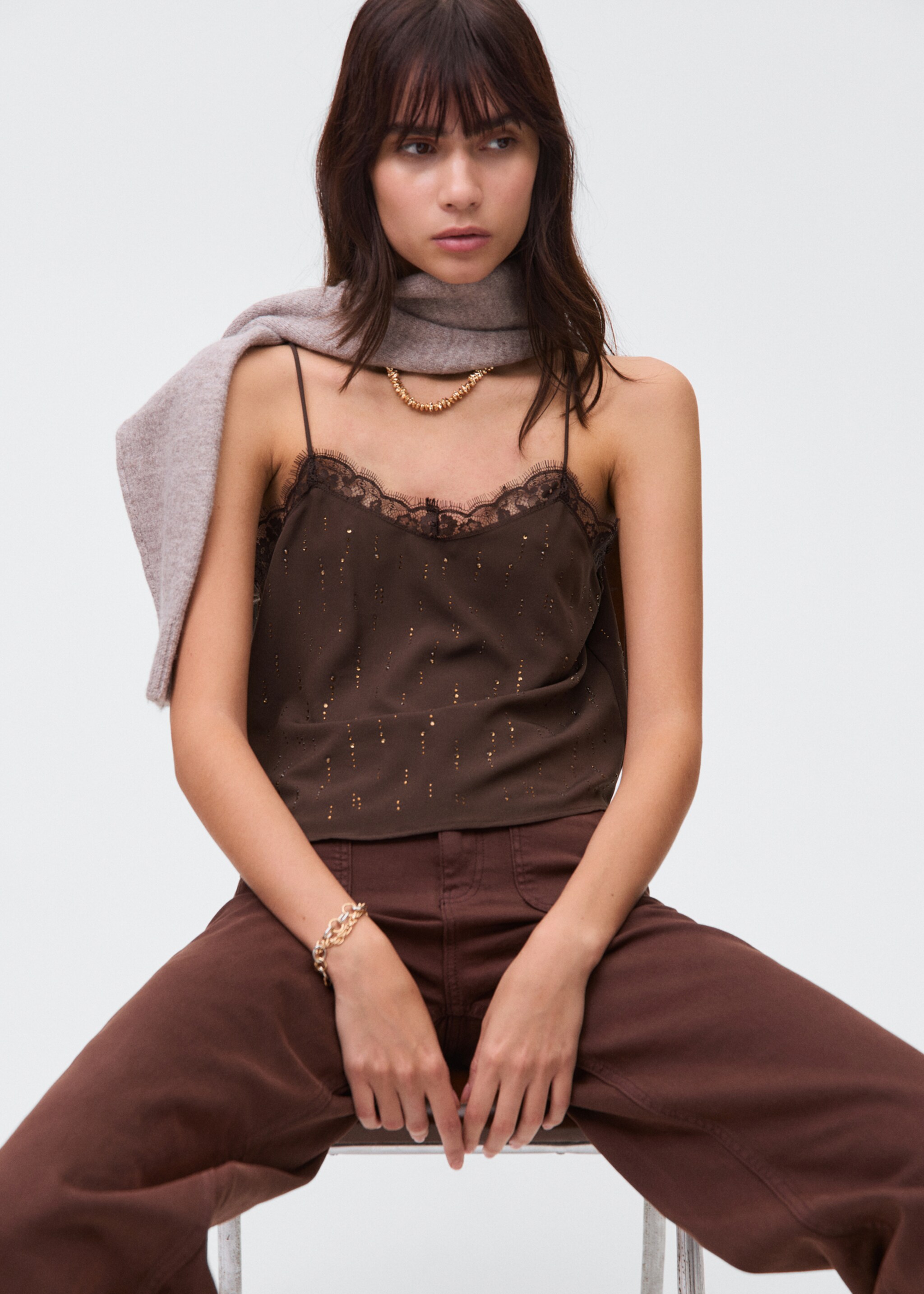 Beaded camisole top - Details of the article 2, Brown. Ref: 17086331-00.