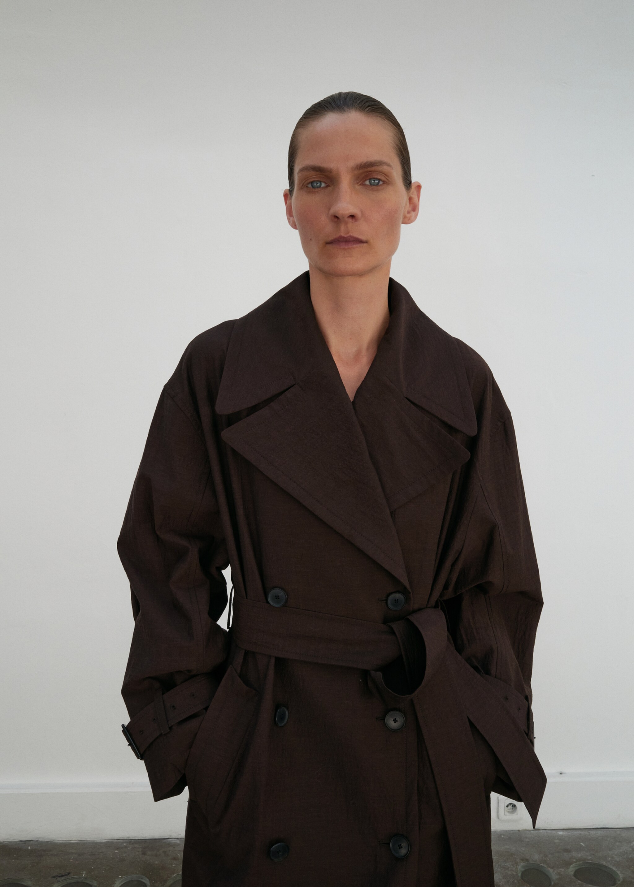 Long virgin wool trench coat - Medium plane, Chocolate. Ref: 17086360-00.