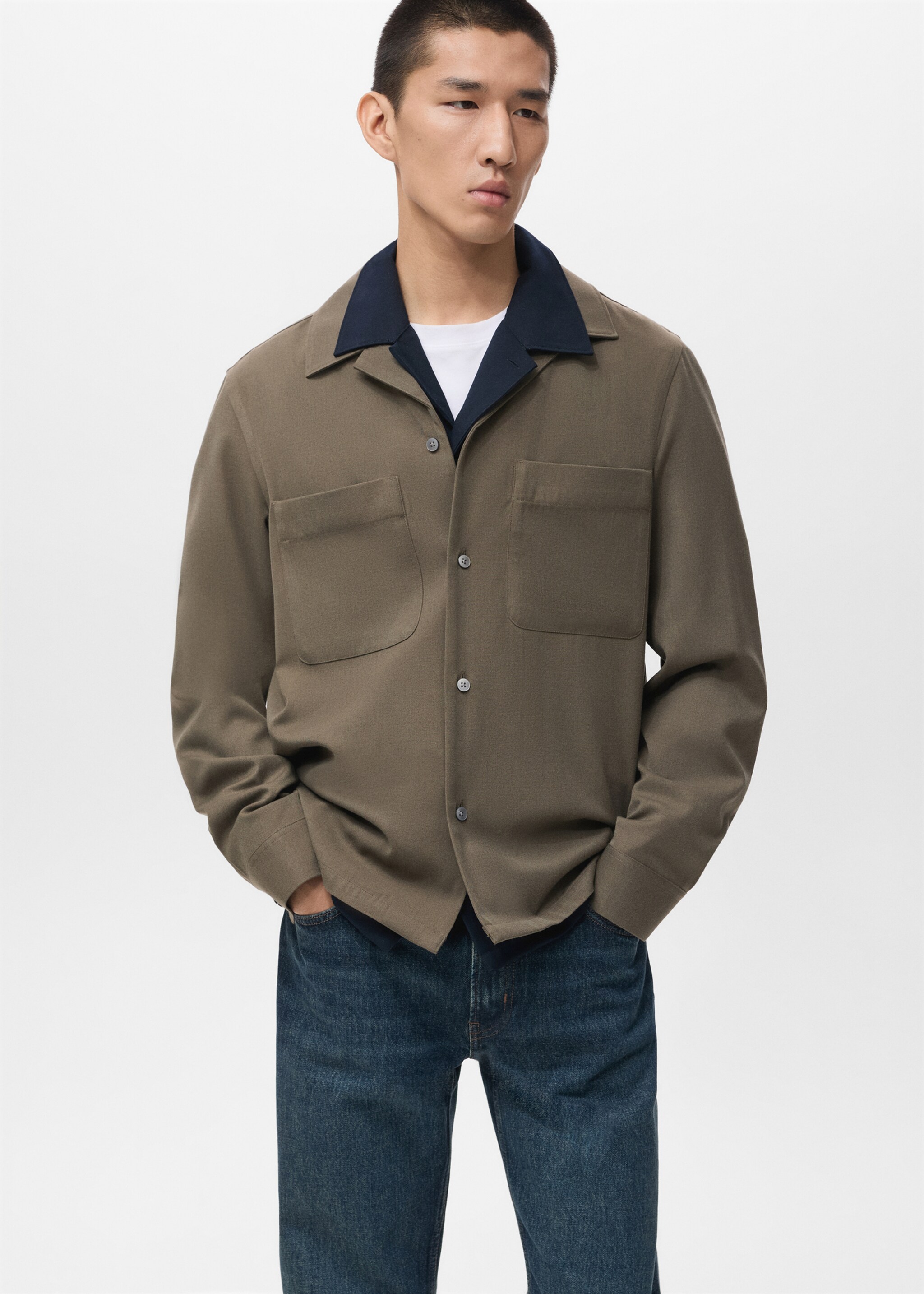 Regular-fit overshirt with pocket - Medium plane, Khaki. Ref: 17086726-00.