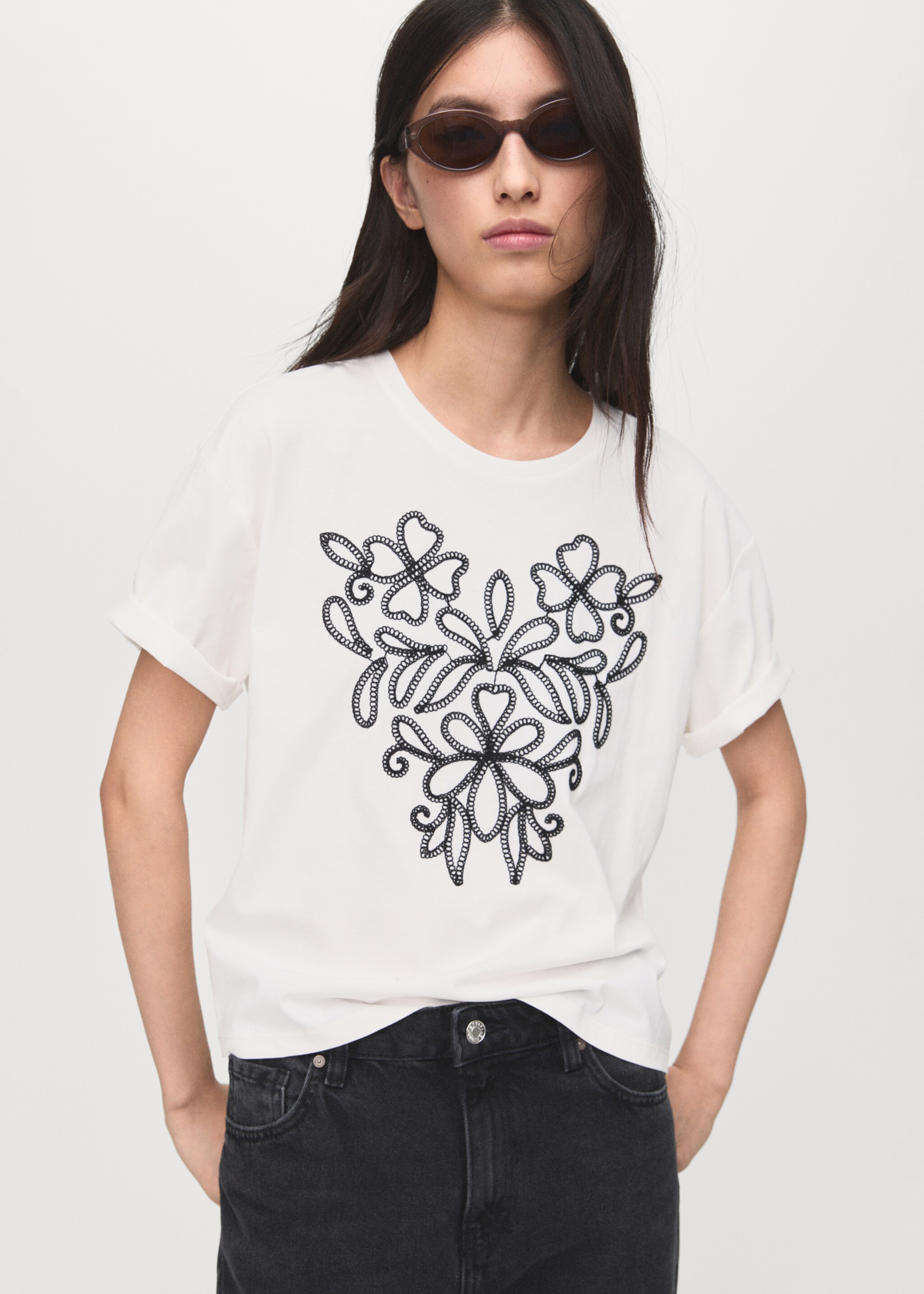 Floral-embroidered cotton t-shirt - Medium plane, White. Ref: 17086736-00.