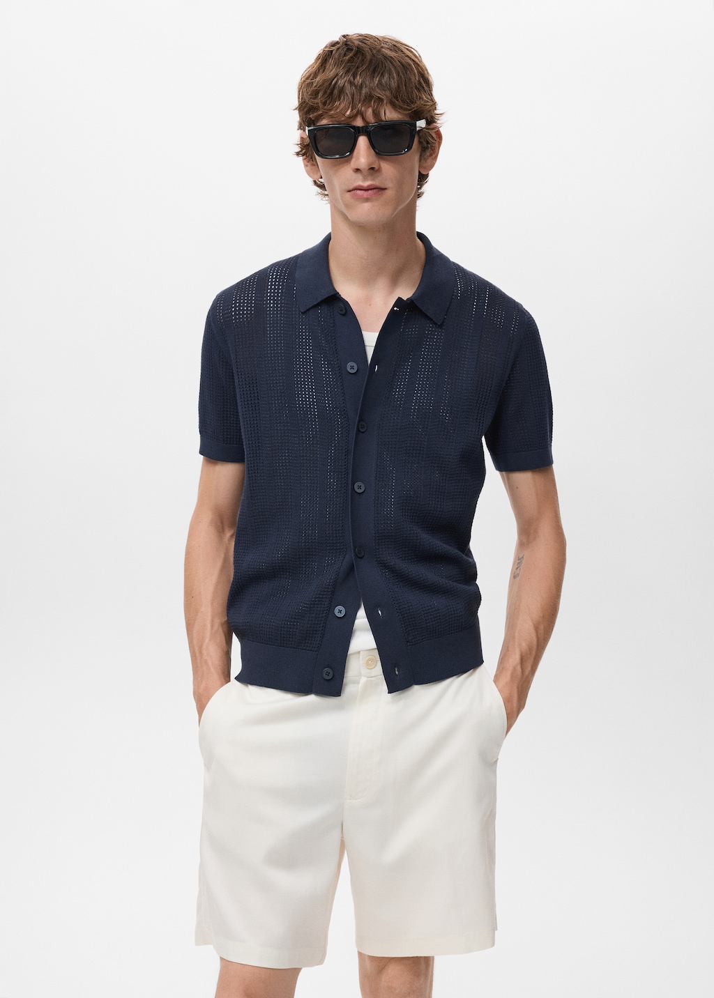 Striped knitted shirt with lace pattern