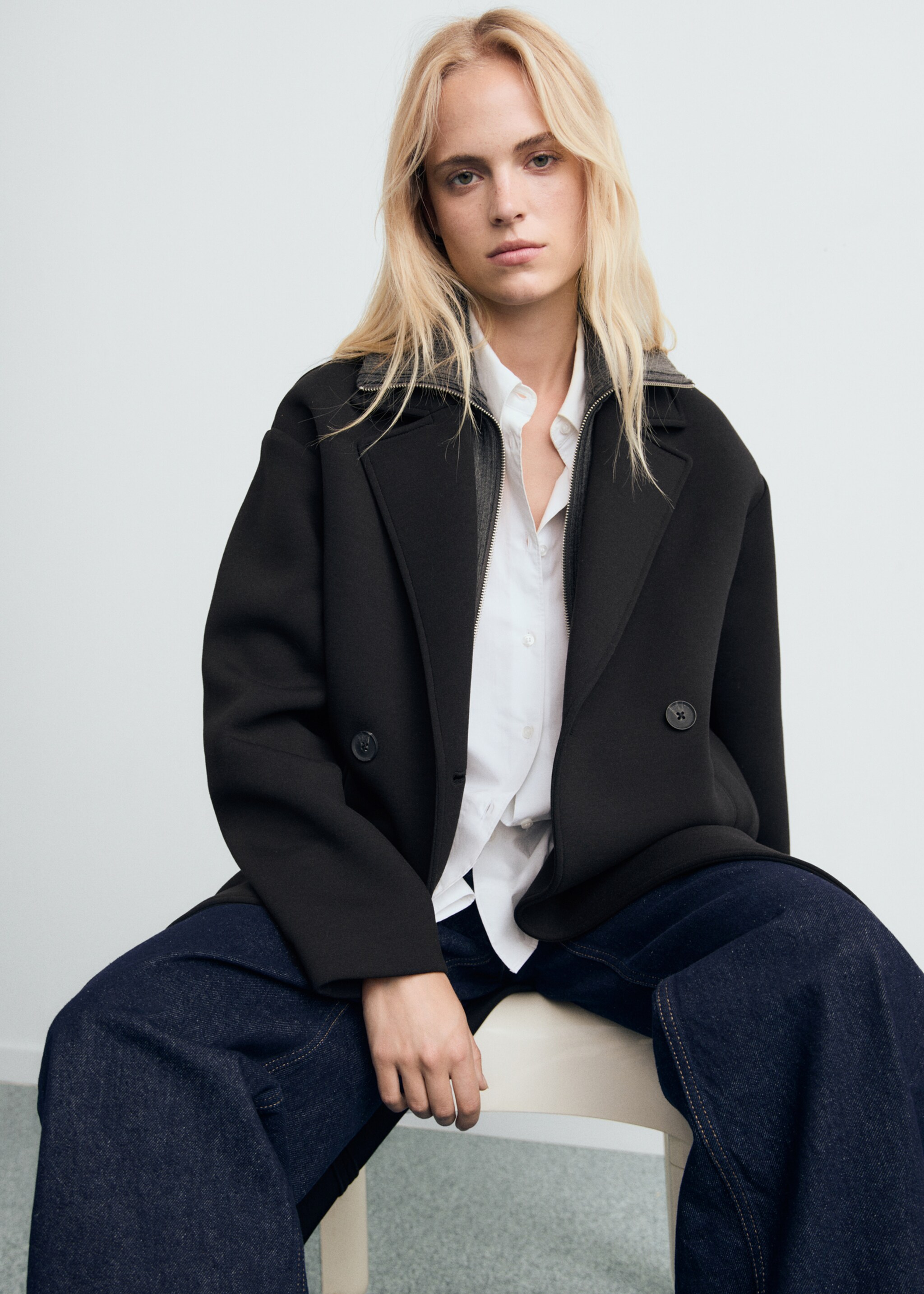 Long combined coat - Details of the article 2, Black. Ref: 17087801-00.