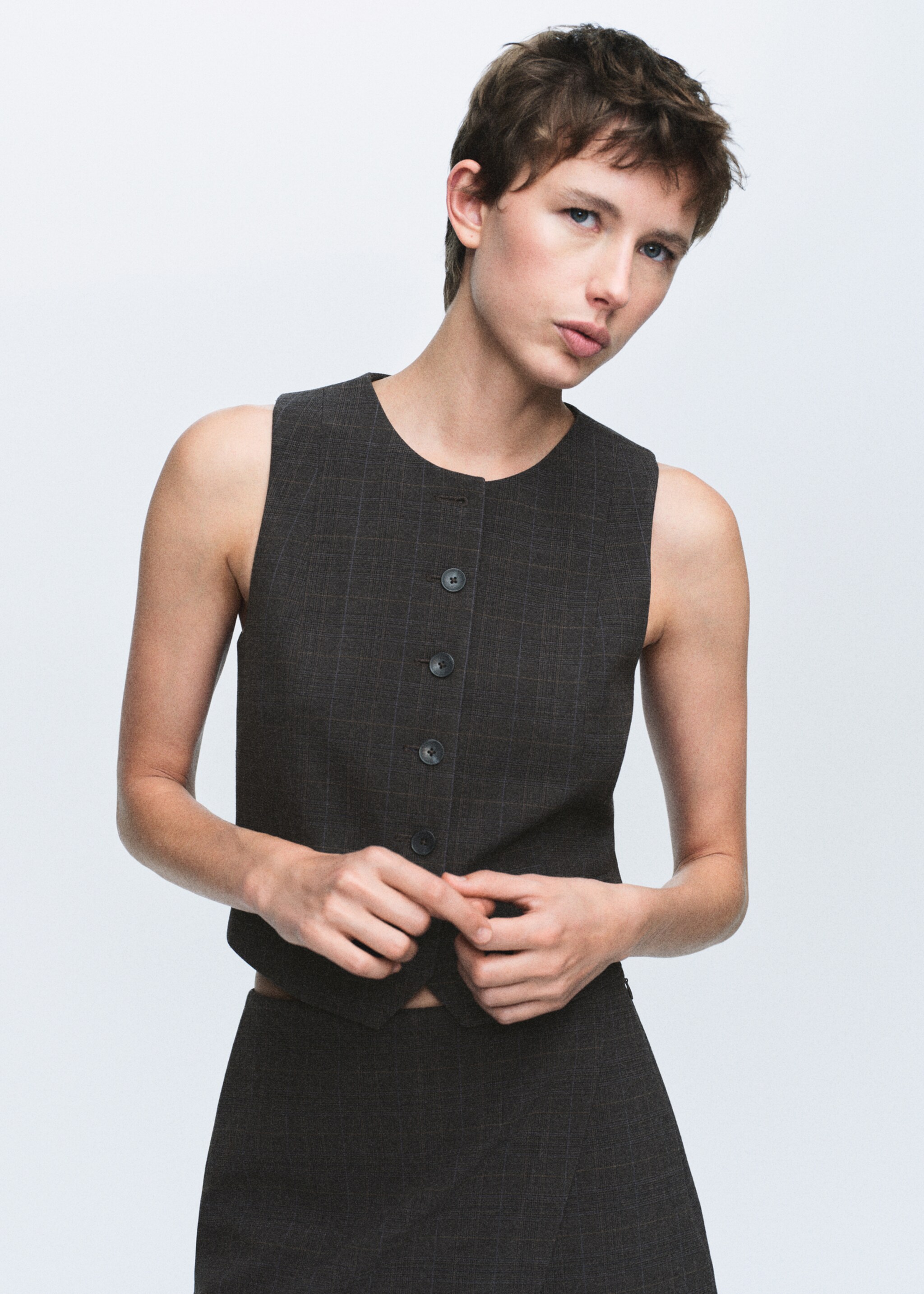 Check suit waistcoat - Medium plane, Brown. Ref: 17087811-00.