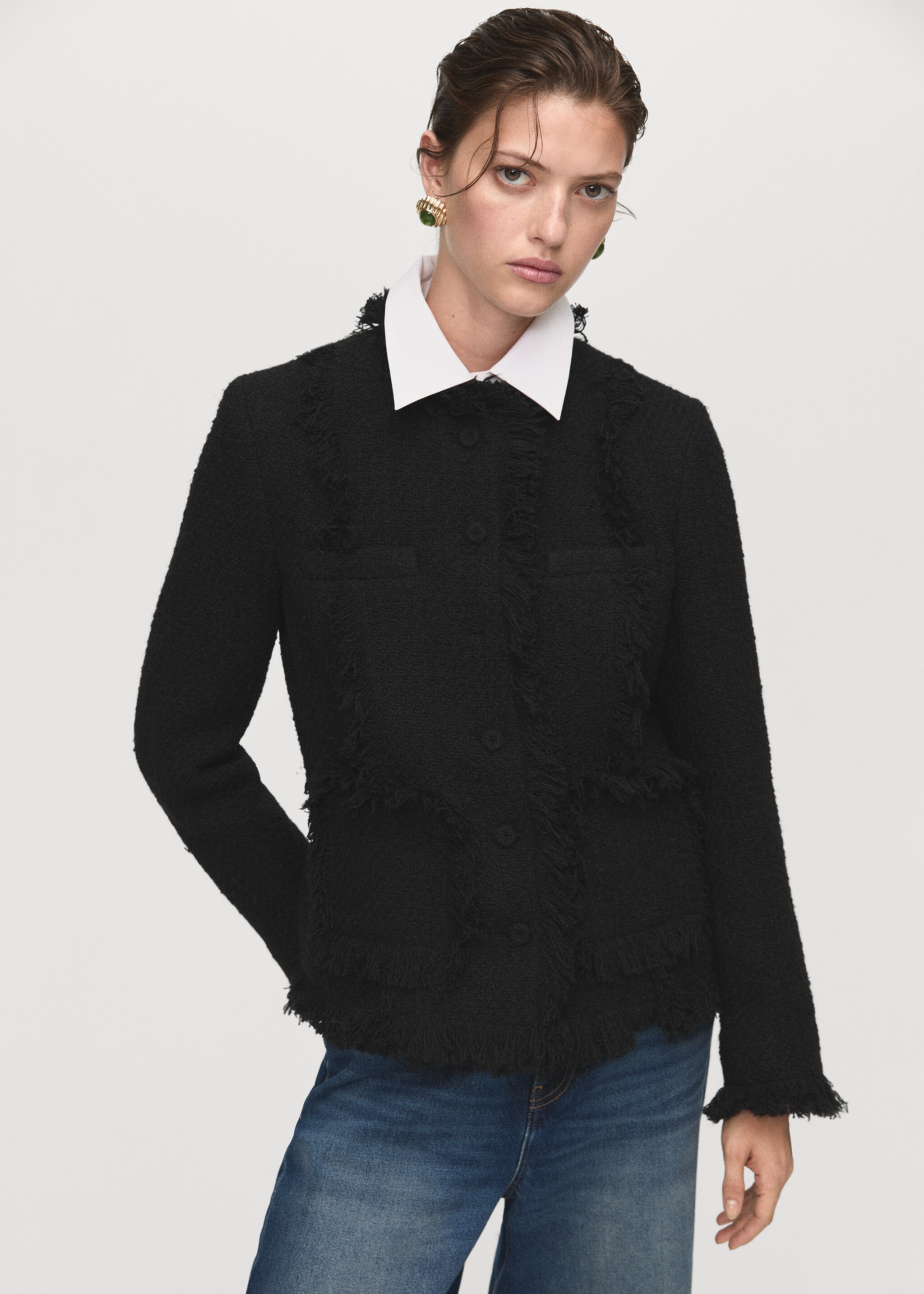 Tweed jacket with frayed ends - Medium plane, Black. Ref: 17087813-00.