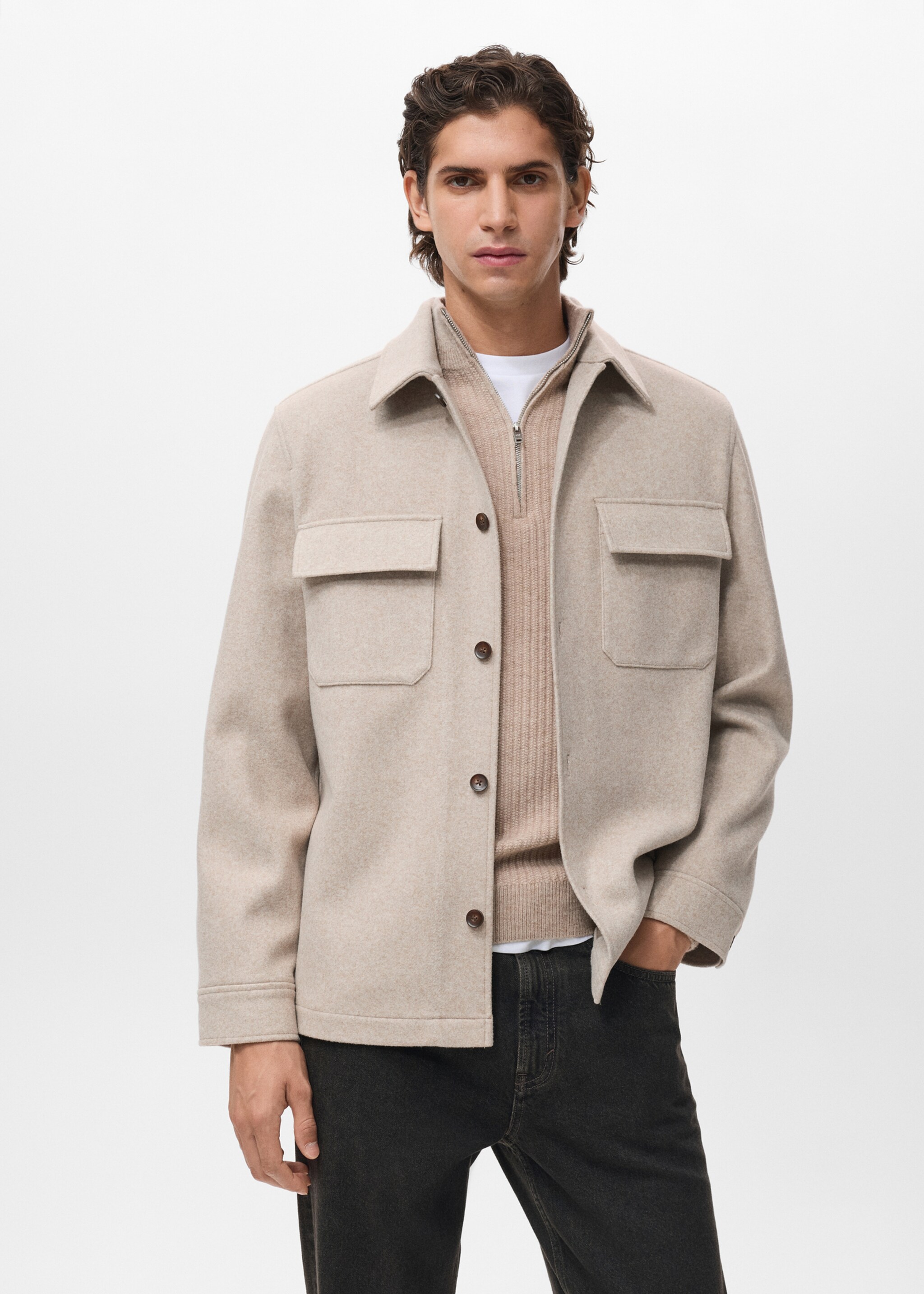 Wool jacket with lapel pockets - Medium plane, Sand. Ref: 17087884-00.