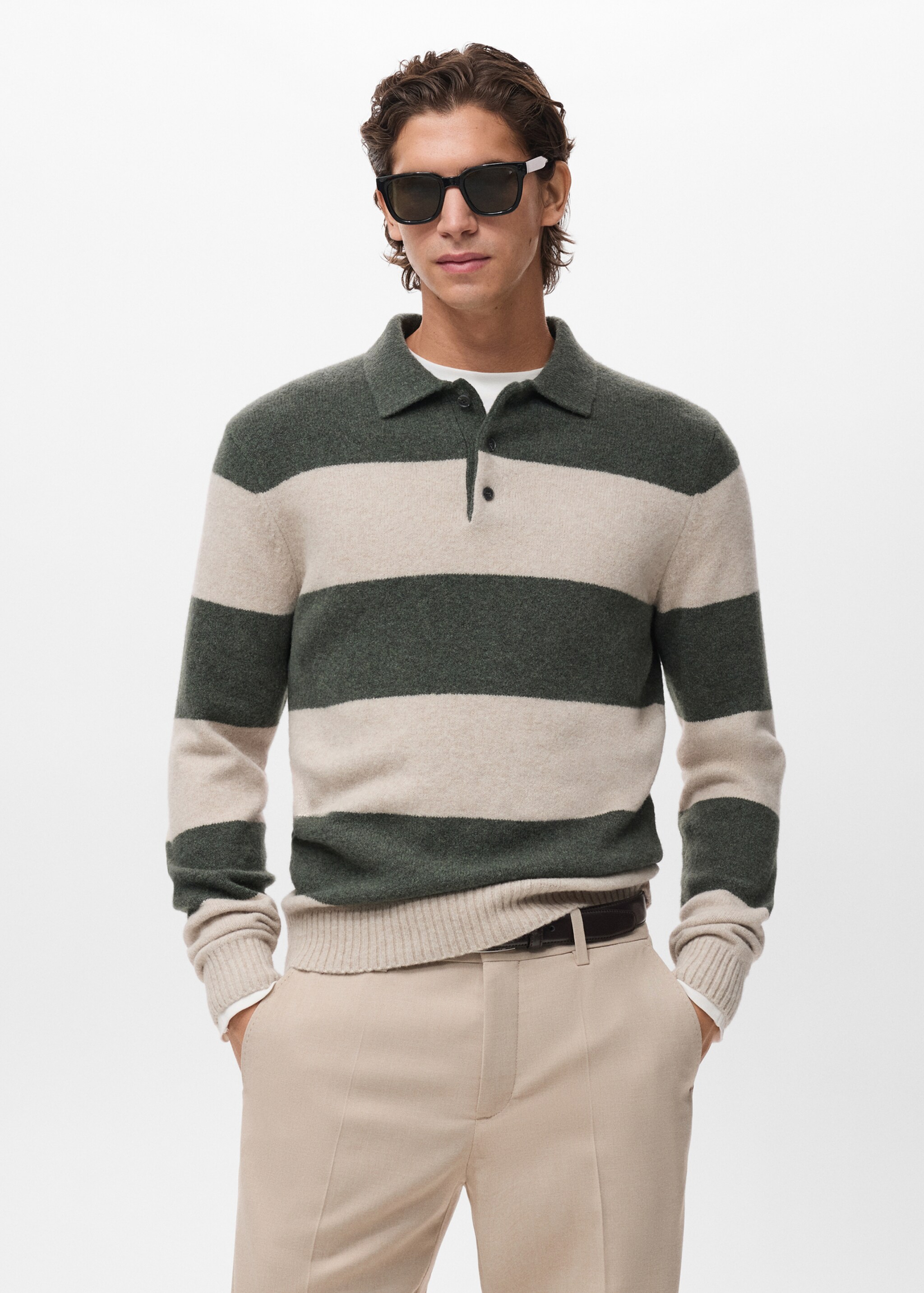 Knitted wool blend polo sweater - Medium plane, Dark Green. Ref: 17087895-00.