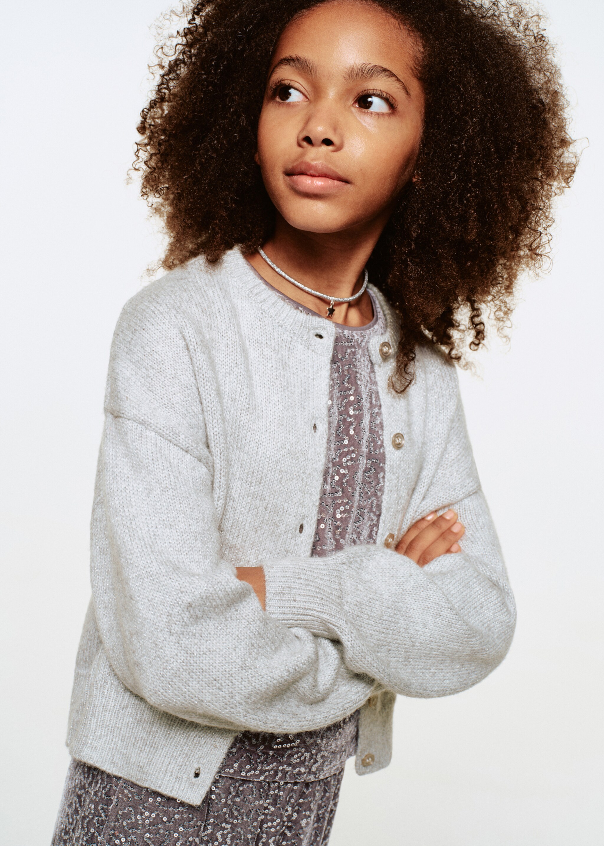 Knitted cardigan with shiny details - Medium plane, Light Heather Grey. Ref: 17089102-00.