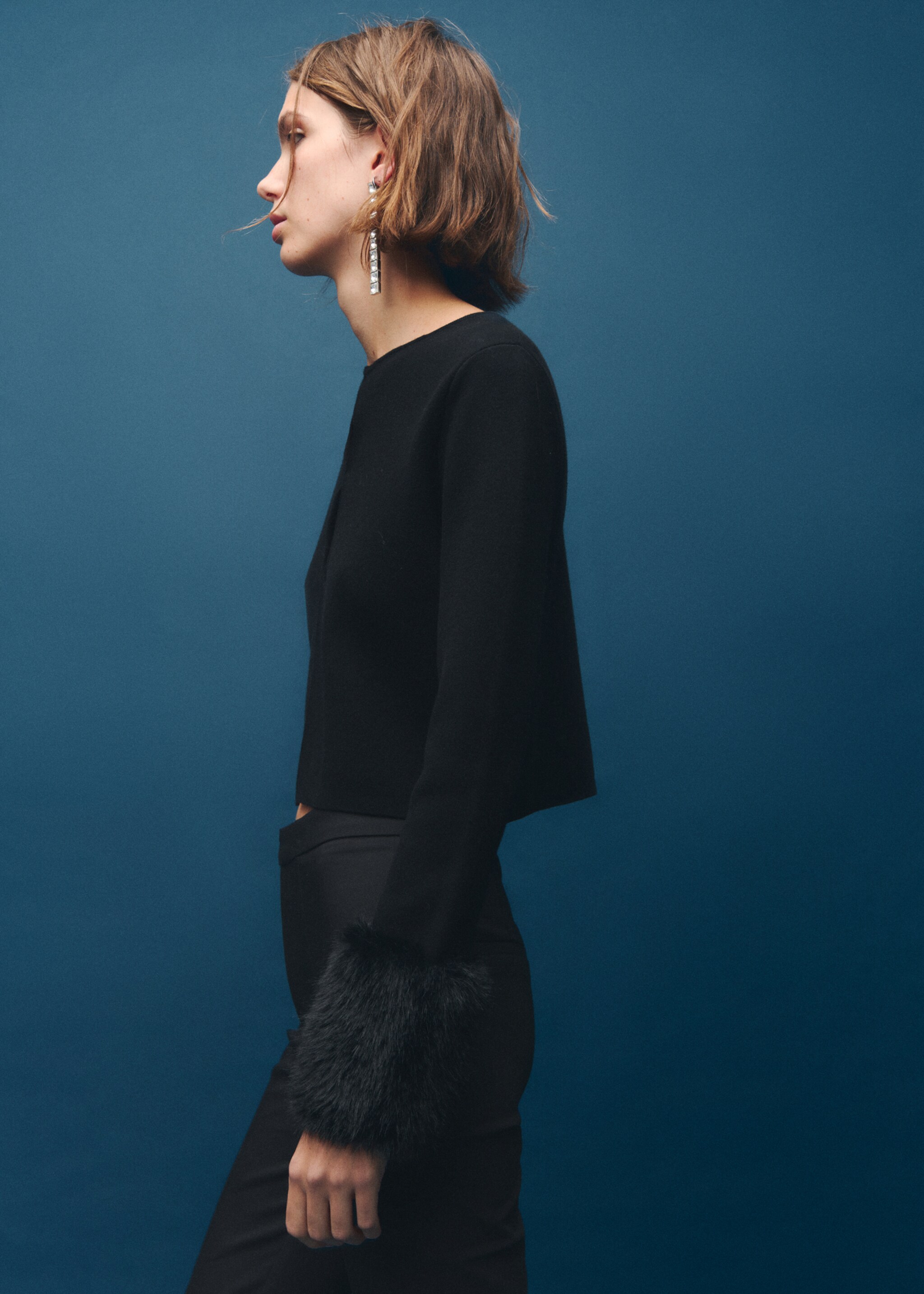Cardigan with fur-effect cuffs - Details of the article 1, Black. Ref: 17089105-00.