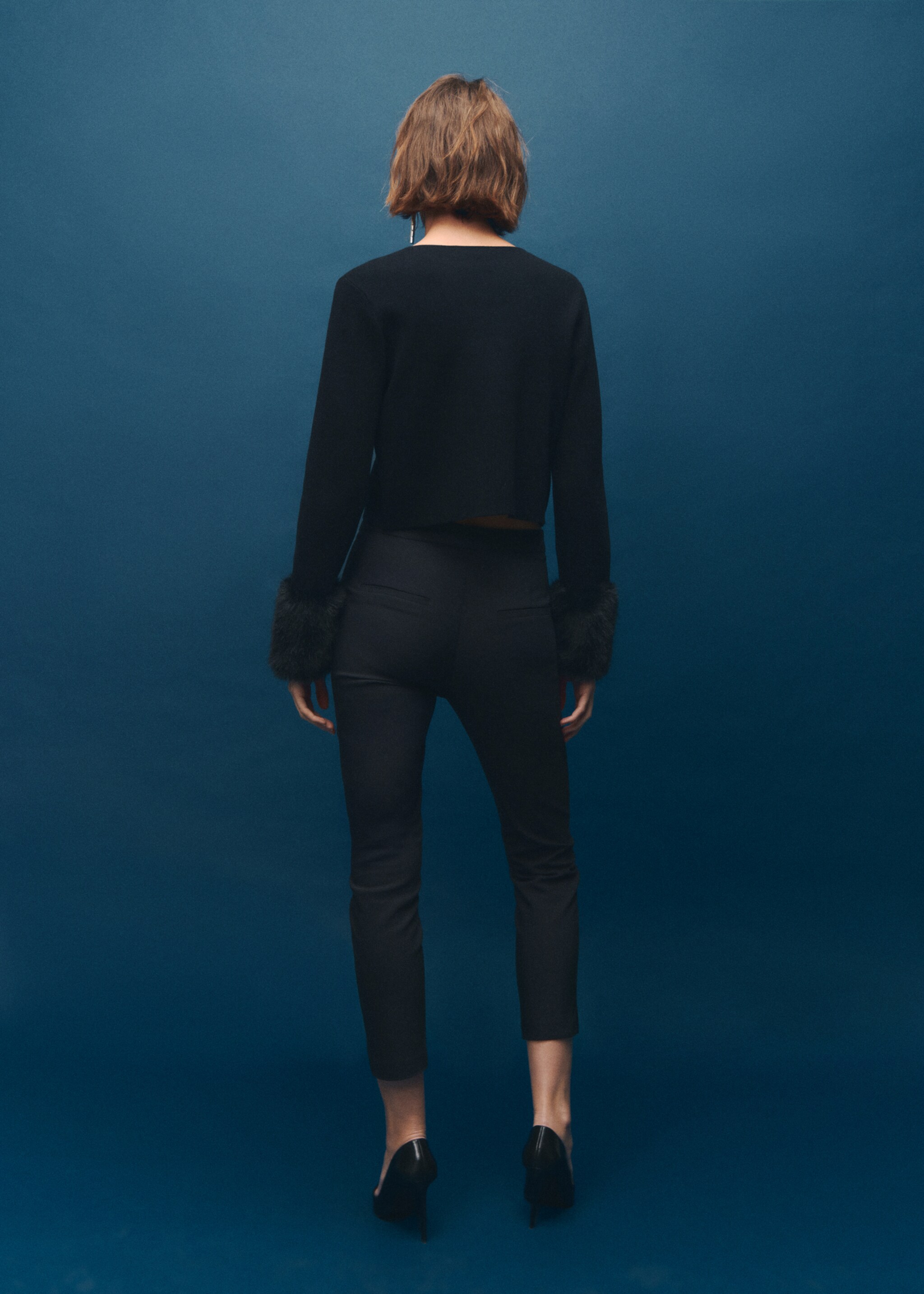 Cardigan with fur-effect cuffs - Reverse of the article, Black. Ref: 17089105-00.