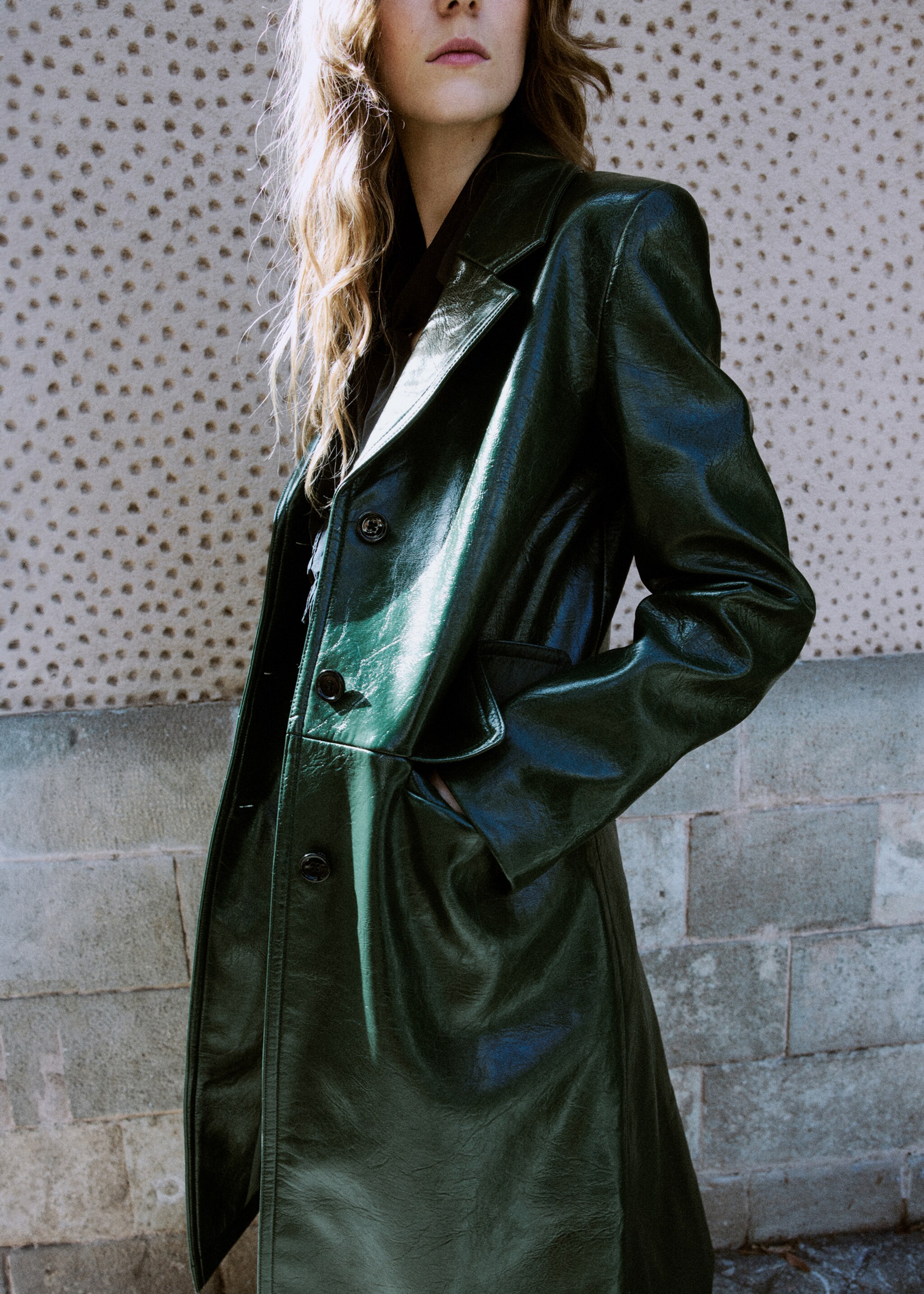 Long faux leather effect coat - Medium plane, Green. Ref: 17089210-00.