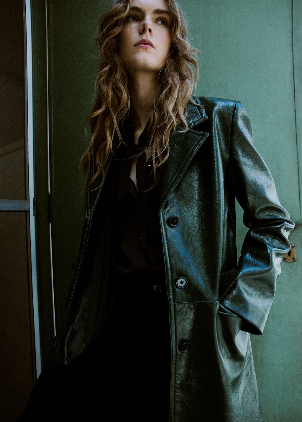 Long faux-leather coat