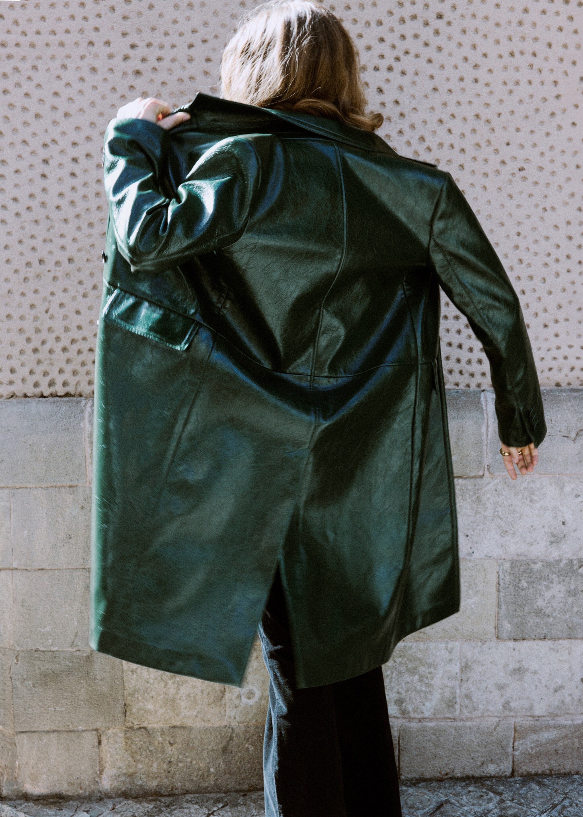 Long faux leather effect coat - Reverse of the article, Green. Ref: 17089210-00.