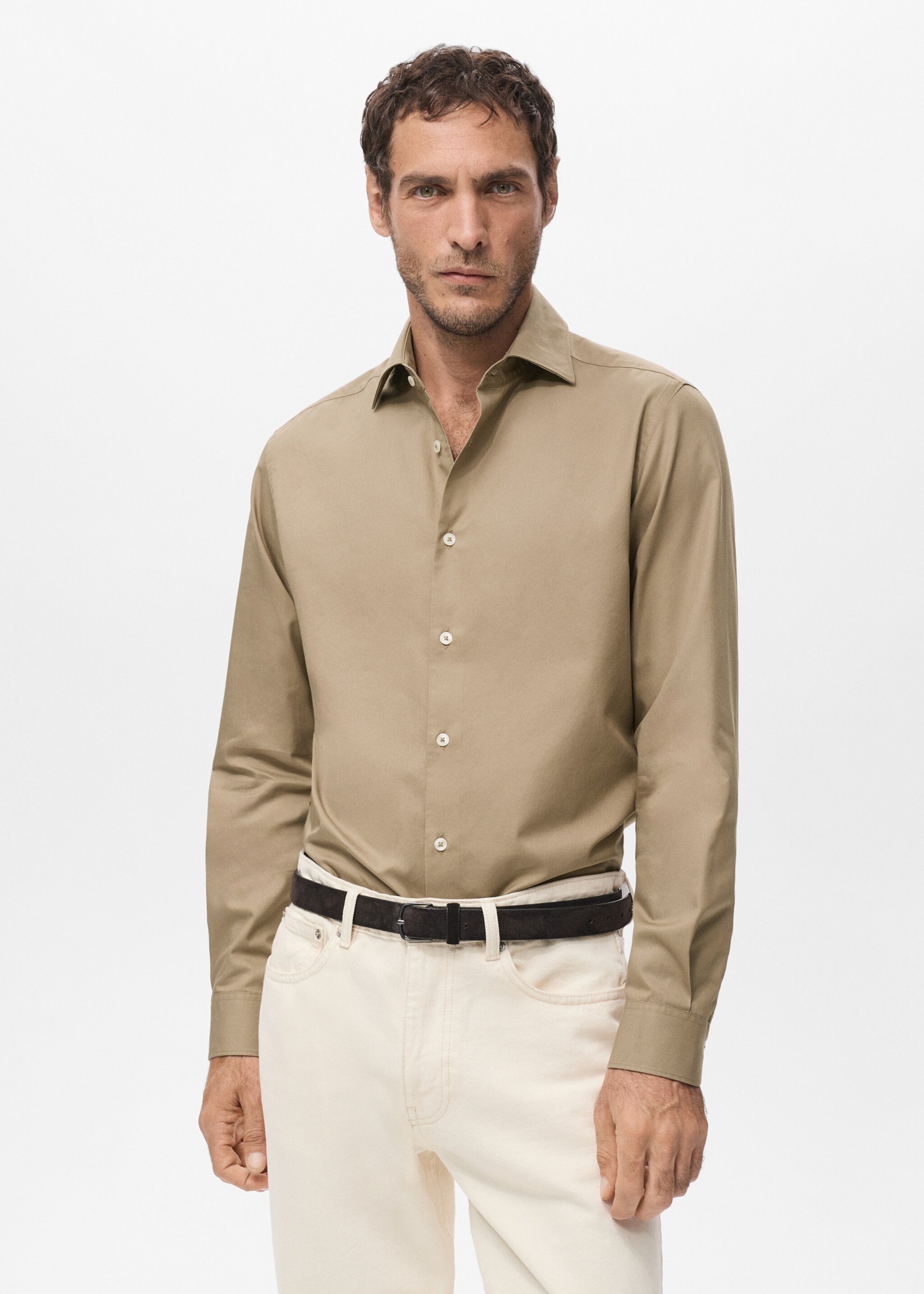 Slim fit shirt cotton and lyocell - Medium plane, Brown. Ref: 17089213-00.