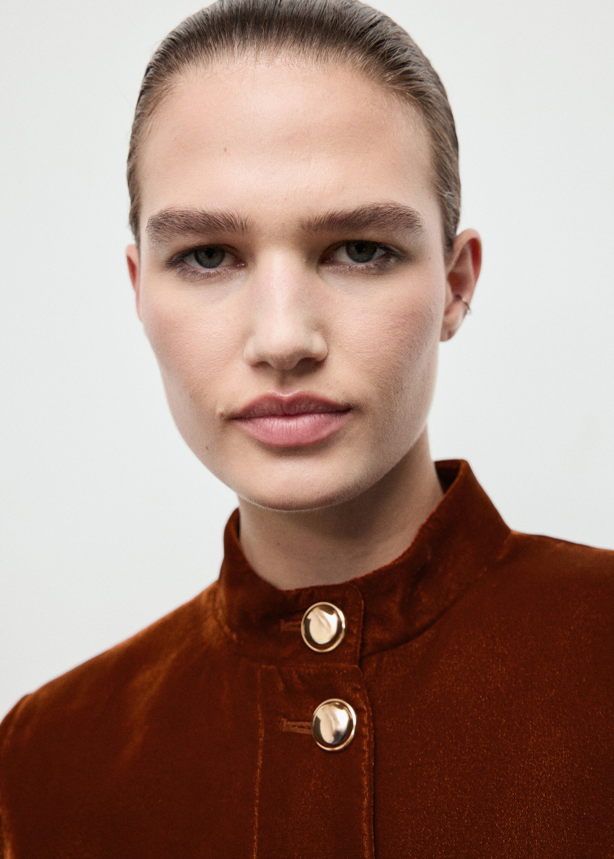 Velvet jacket with buttons - Details of the article 1, Burnt Orange. Ref: 17089406-00.
