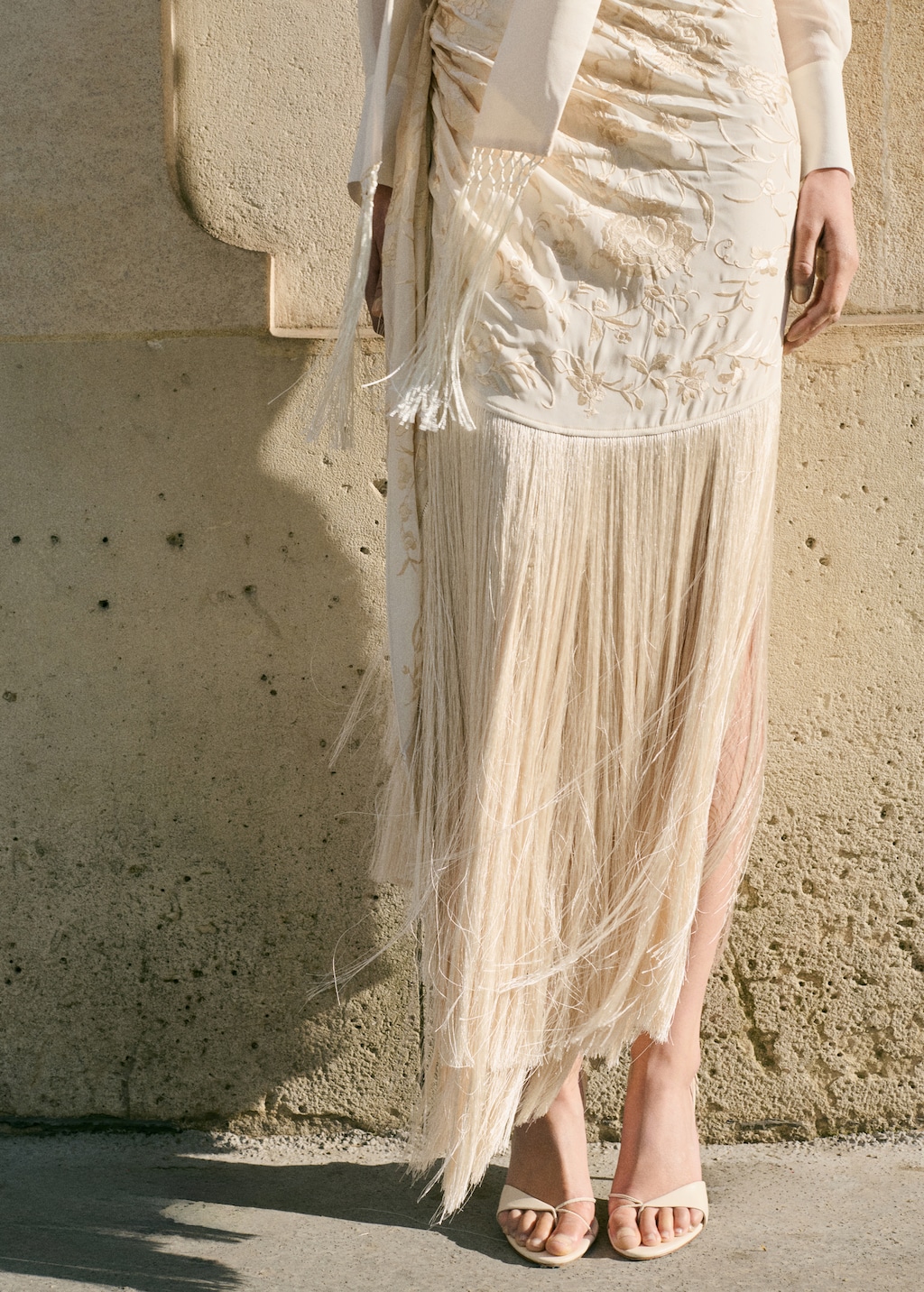 Pareo-style skirt with embroidered fringe