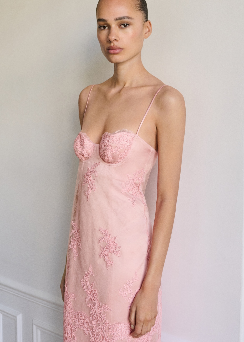 Lace dress with structured neckline