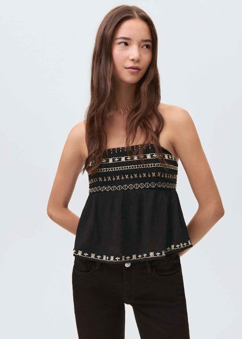 Embroidered strapless top