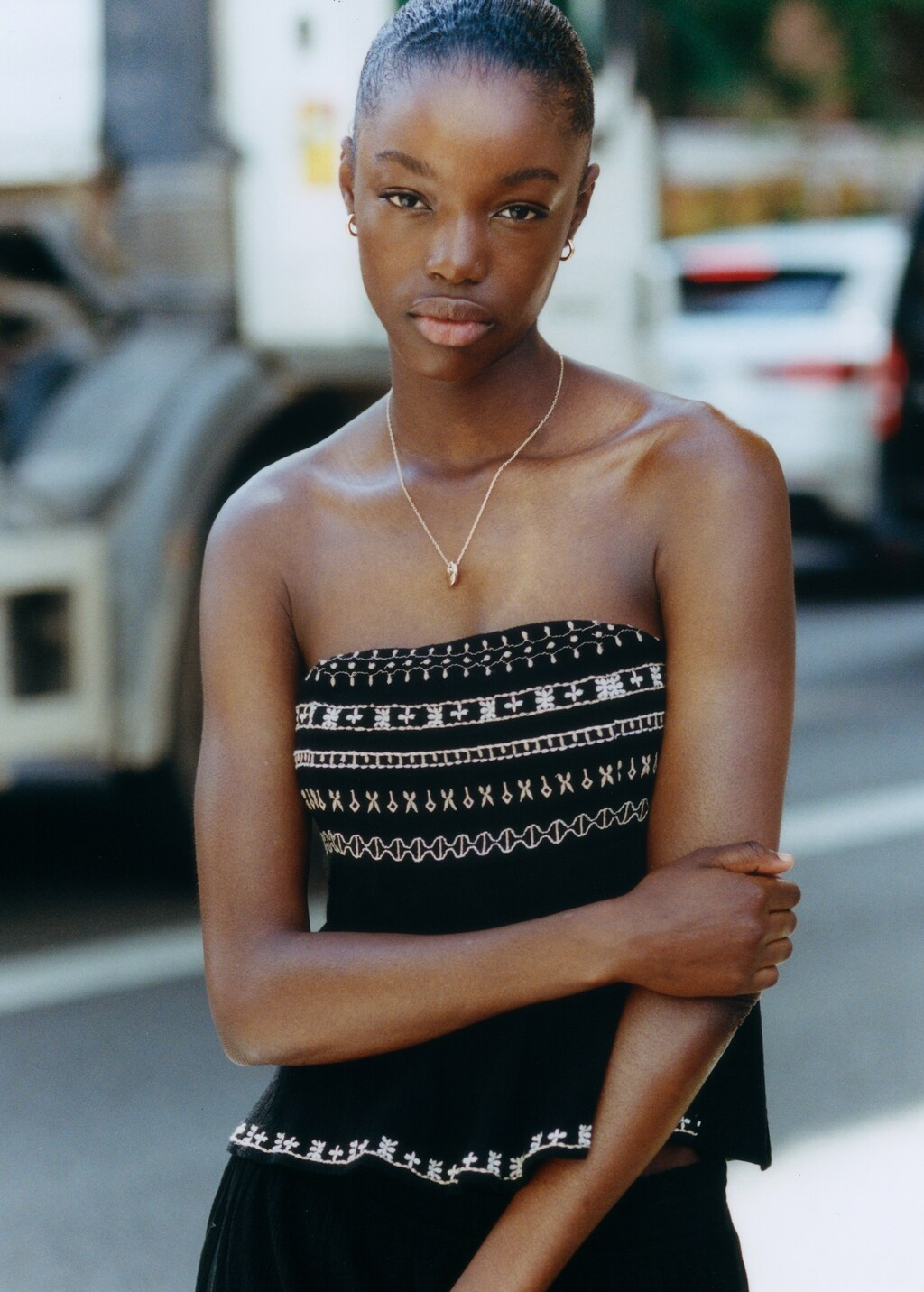 Embroidered strapless top