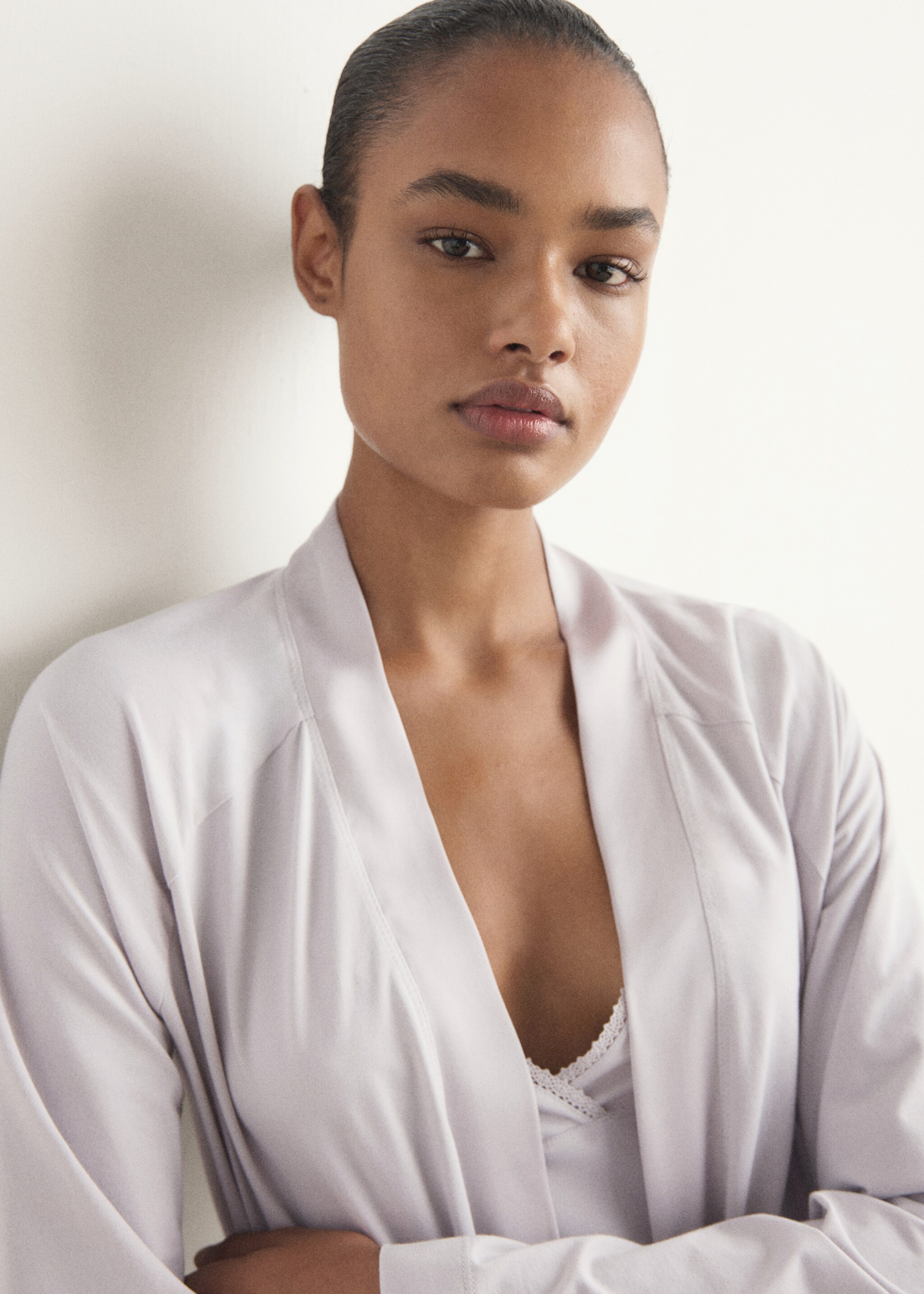 Cotton dressing gown with satin trim - Details of the article 1, Light/Pastel Grey. Ref: 17091539-00.