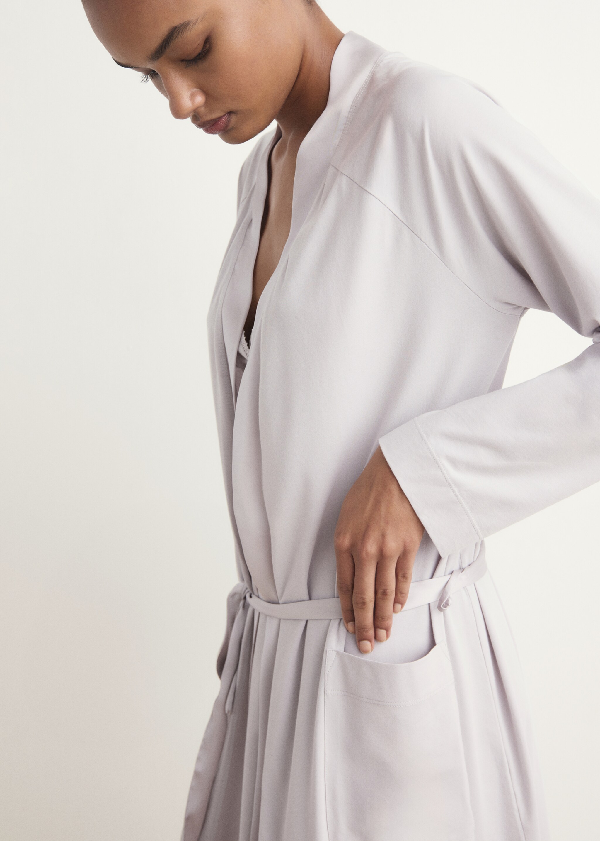 Cotton dressing gown with satin trim - Details of the article 6, Light/Pastel Grey. Ref: 17091539-00.