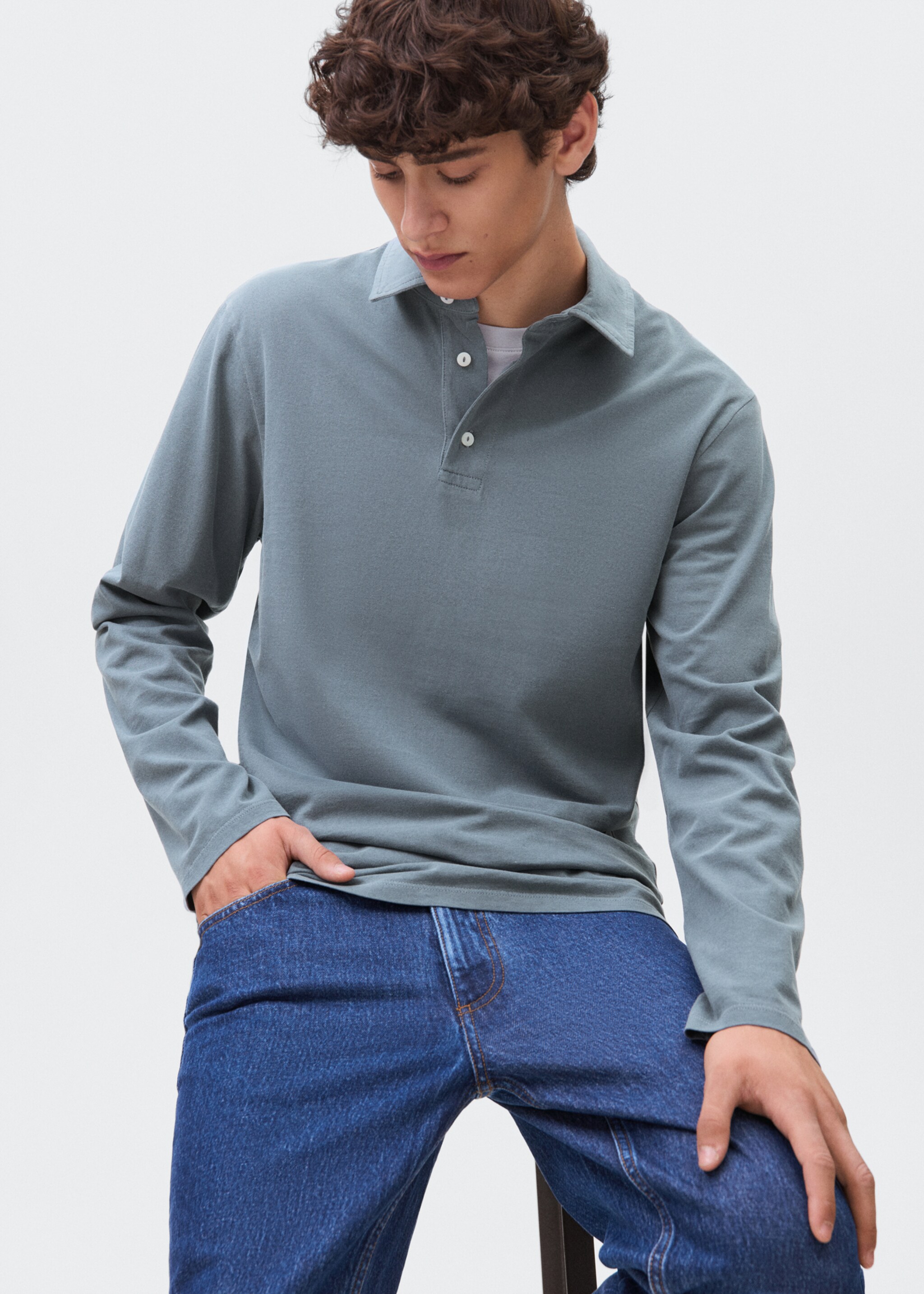 Cotton basic polo shirt - Details of the article 2, Blue. Ref: 17091553-00.