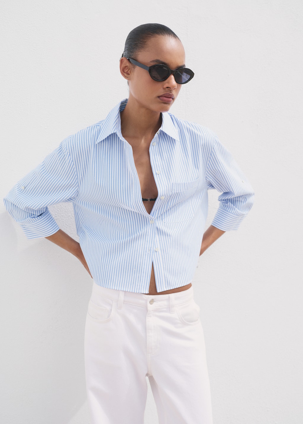 トップス sheller bijou button stripe cropped WLLW Women Nashville Sparkly Rhinestone Fringe Petal Sleeve