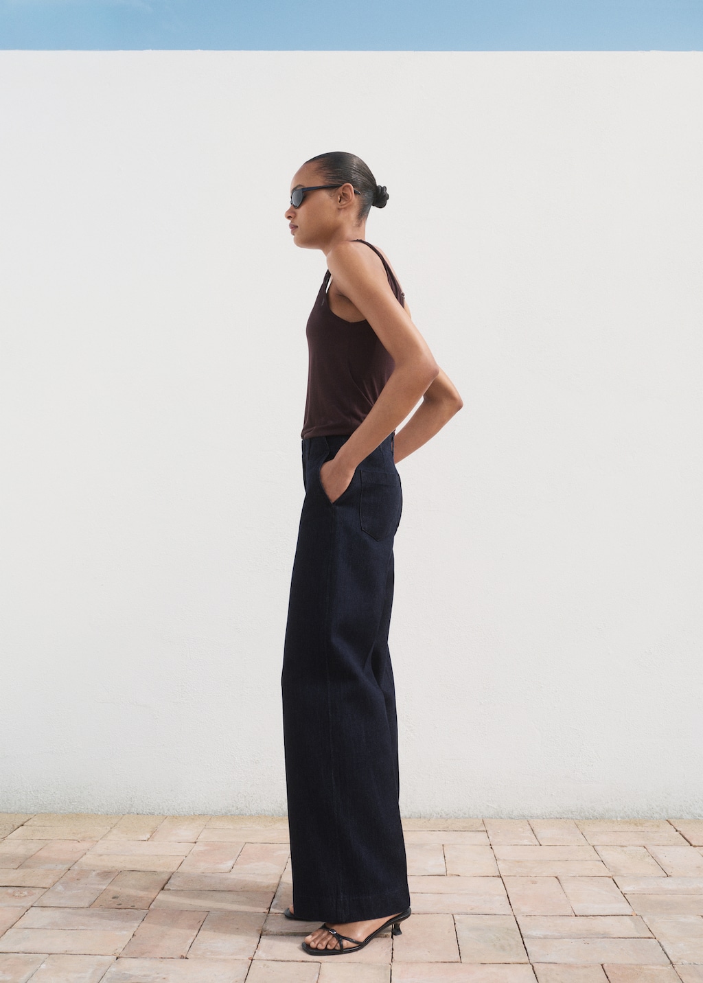 High-waisted wide leg denim pants