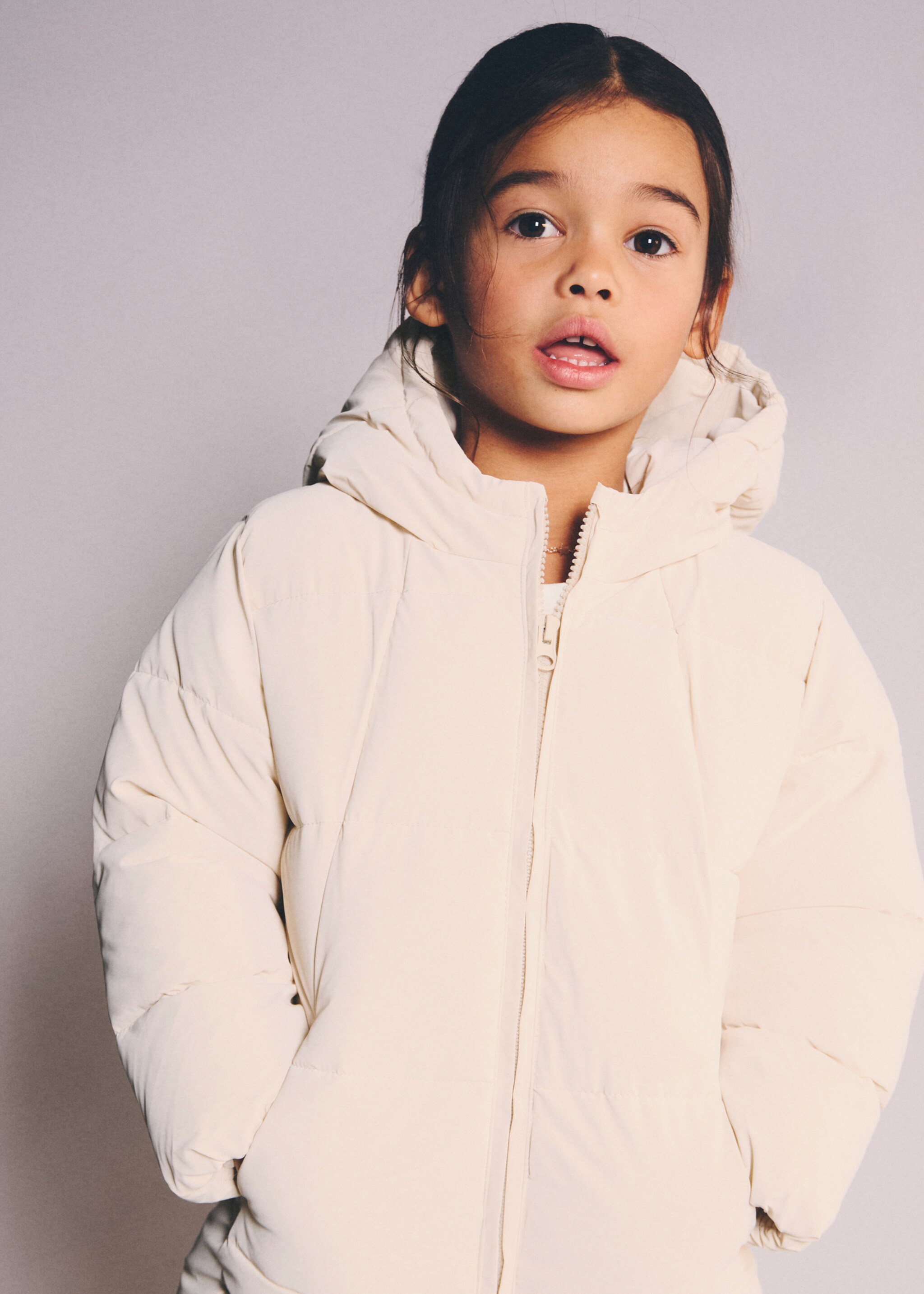 Long padded anorak with hood - Medium plane, Ecru. Ref: 17093790-00.