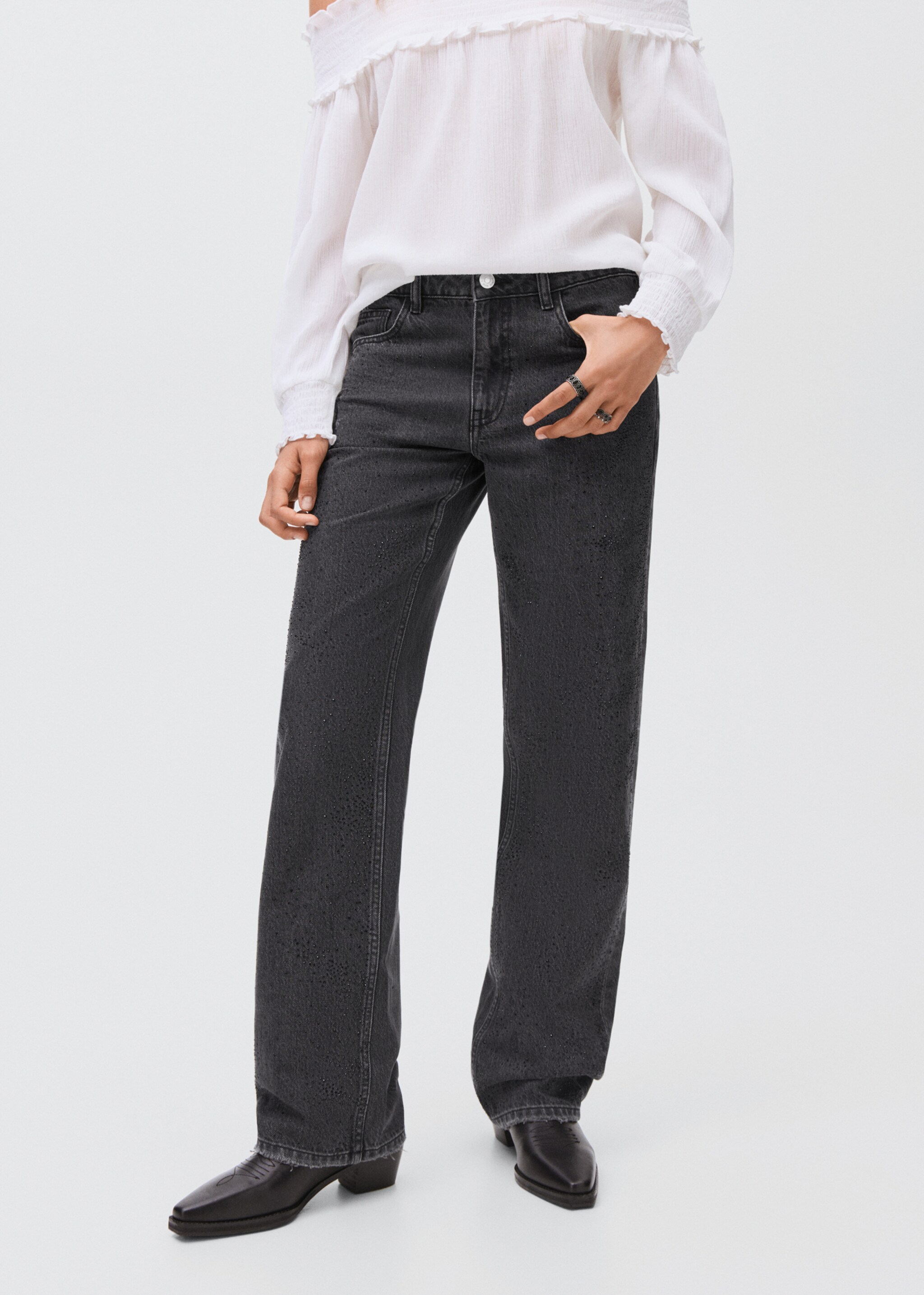 Jeans straight strass - Plano medio, Denim negro. Ref: 17093794-00.