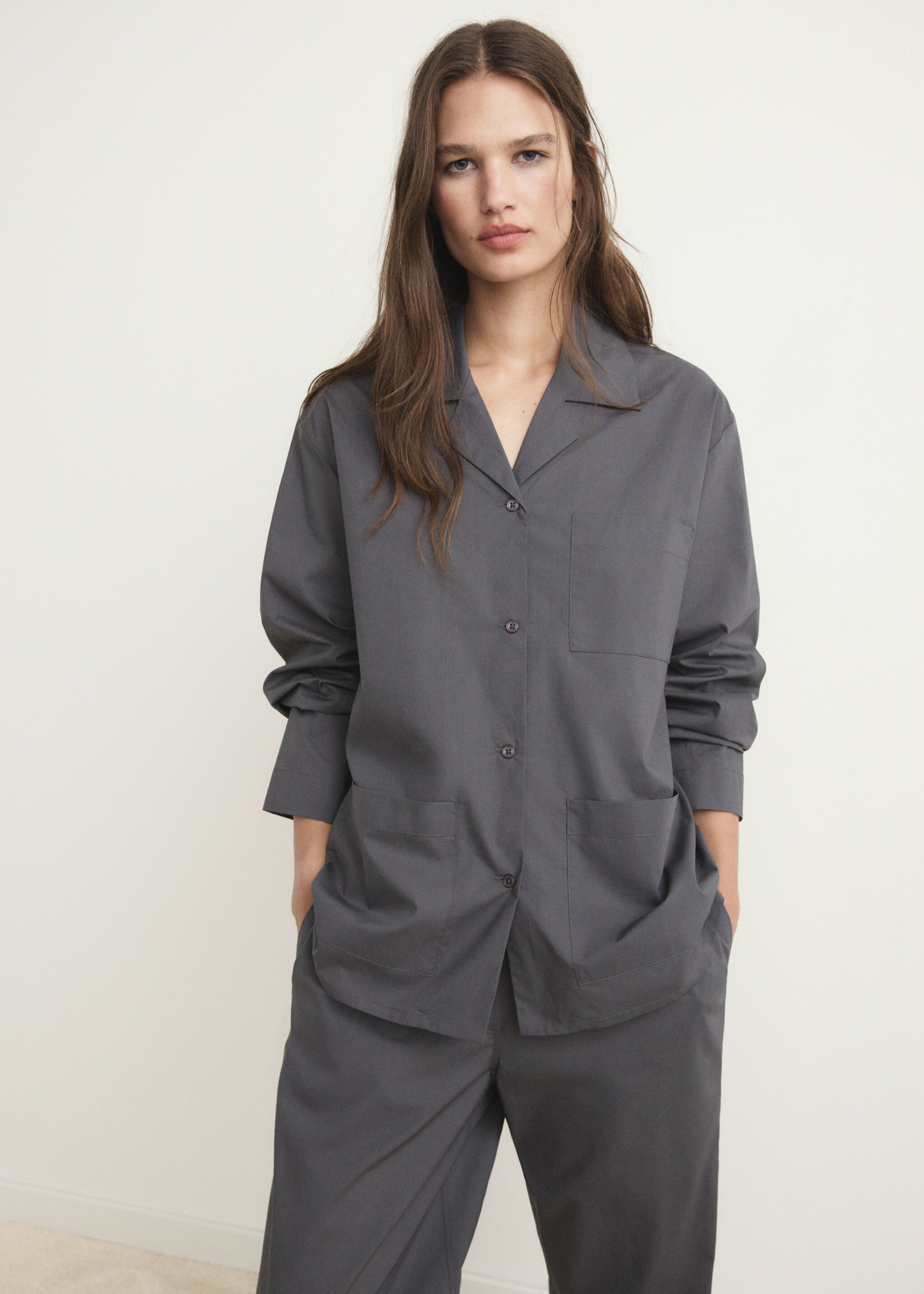 Poplin pyjama shirt - Medium plane, Charcoal. Ref: 17094117-00.
