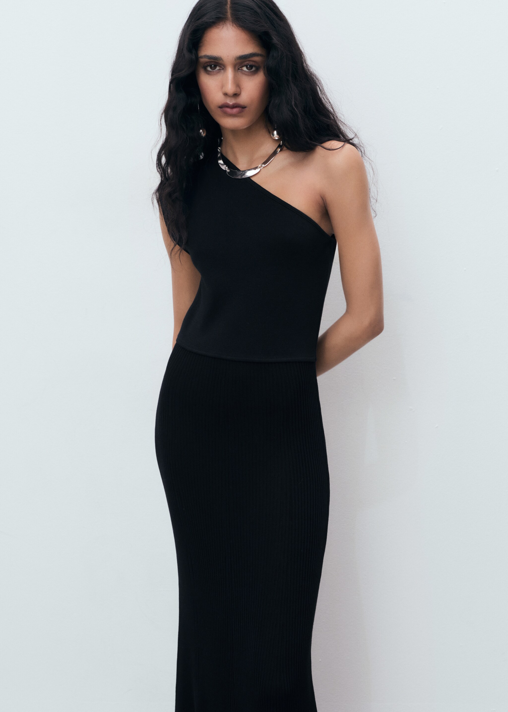 Asymmetrical combined-knit dress - Medium plane, Black. Ref: 17094139-00.